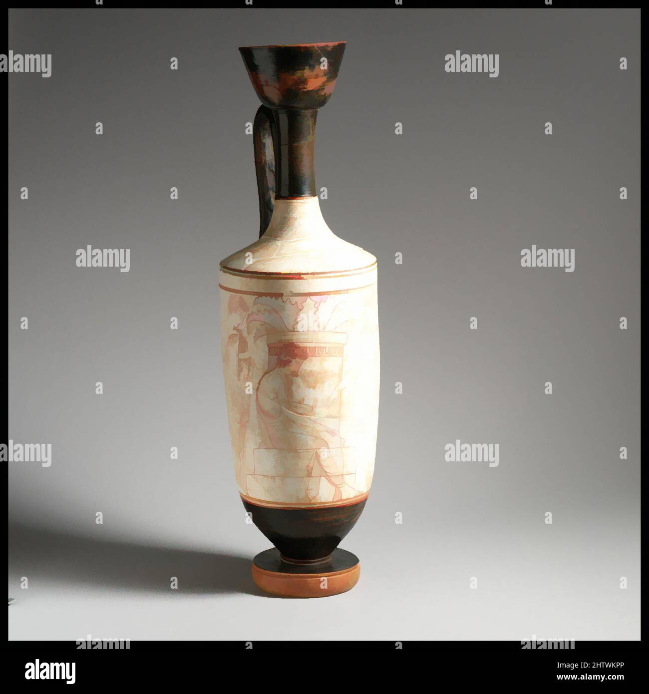 Kunst inspiriert von Terracotta Lekithos (Ölflasche), Klassik, ca. 420–400 v. Chr., Griechisch, Dachboden, Terrakotta; weißer Boden, H. 16 Zoll (40,6 cm), Vasen, Jugend sitzt am Grab zwischen Jugend und Frau. Der Junge in der Mitte, zweifellos der Verstorbene, sitzt auf den Stufen seines Grabes. Die von Artotop modernisierten, klassischen Werke mit einem Schuss Moderne. Formen, Farbe und Wert, auffällige visuelle Wirkung auf Kunst. Emotionen durch Freiheit von Kunstwerken auf zeitgemäße Weise. Eine zeitlose Botschaft, die eine wild kreative neue Richtung verfolgt. Künstler, die sich dem digitalen Medium zuwenden und die Artotop NFT erschaffen Stockfoto