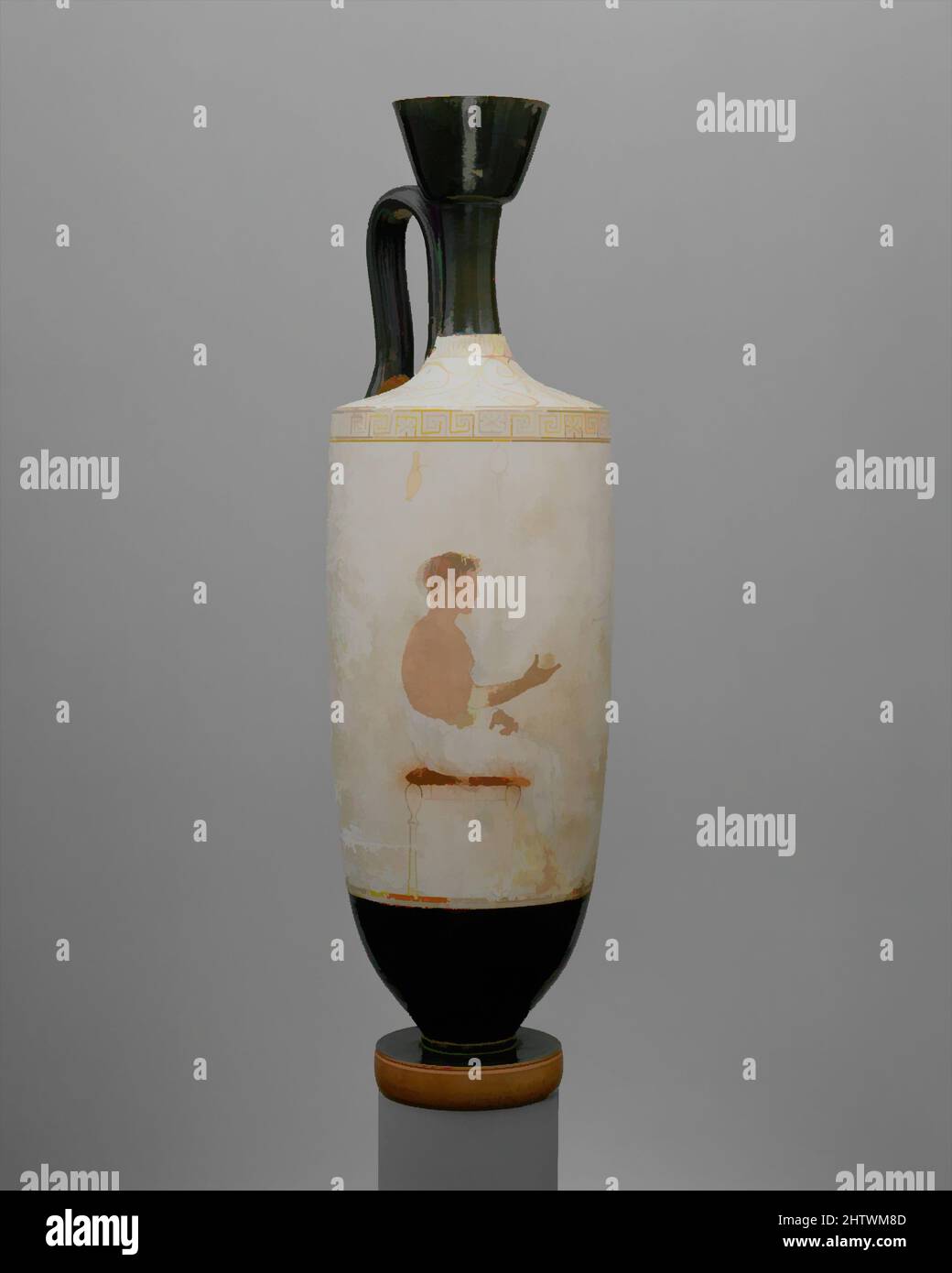 Kunst inspiriert von Terracotta Lekithos (Ölflasche), Klassik, ca. 440 v. Chr., Griechisch, Dachboden, Terrakotta; weißer Boden, H. 15 1/2 Zoll (39,4 cm), Vasen, sitzende Jugendliche und Frau. Auf einem Stuhl sitzend, reicht der junge Mann der vor ihm stehenden Frau ein scheinbar fruchtbrindiges Stück. Eine, von Artotop modernisierte, klassische Arbeit mit einem Schuss Modernität. Formen, Farbe und Wert, auffällige visuelle Wirkung auf Kunst. Emotionen durch Freiheit von Kunstwerken auf zeitgemäße Weise. Eine zeitlose Botschaft, die eine wild kreative neue Richtung verfolgt. Künstler, die sich dem digitalen Medium zuwenden und die Artotop NFT erschaffen Stockfoto