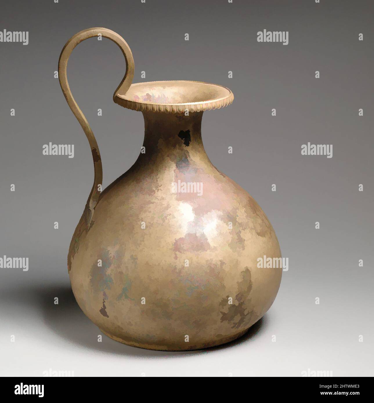 Kunst inspiriert von Bronze oinochoe (Krug), Klassik, 4. Jahrhundert v. Chr., Griechisch, Bronze, H. 7 7/8 Zoll (20 cm), Bronzen, der hohe Griff endet in einem schönen Relief einer umgekehrten Palmette und Lotos, die aus Akanthus-Blättern emporsteigen. In der Vergangenheit wurde das Stück von allen, von Artotop modernisierten Classic Works mit einem Schuss Modernität gründlich gereinigt. Formen, Farbe und Wert, auffällige visuelle Wirkung auf Kunst. Emotionen durch Freiheit von Kunstwerken auf zeitgemäße Weise. Eine zeitlose Botschaft, die eine wild kreative neue Richtung verfolgt. Künstler, die sich dem digitalen Medium zuwenden und die Artotop NFT erschaffen Stockfoto