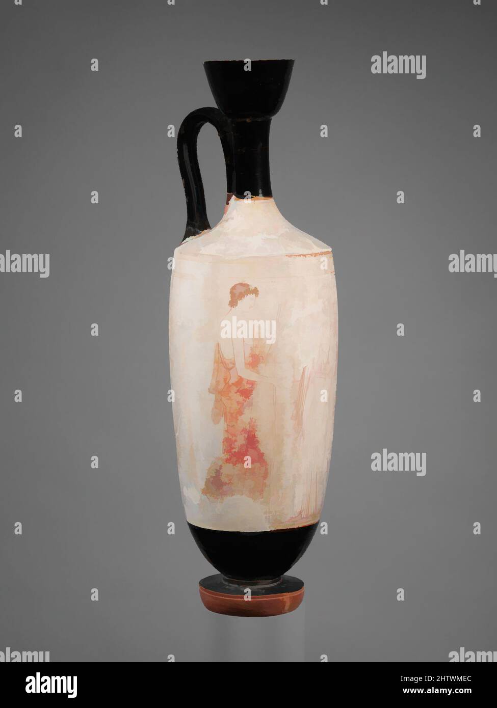 Kunst inspiriert von Terracotta Lekithos (Ölflasche), Klassik, ca. 420 v. Chr., Griechisch, Dachboden, Terrakotta; weißer Boden, H.: 14 1/16 Zoll (35,7 cm), Vasen, Frau zwischen zwei Jugendlichen. Der Junge links und die Frau sind mit den Händen umklammend, ein seltenes Thema auf Begräbniß-Lekithoi. In der Tat, während die, Classic Works modernisiert von Artotop mit einem Schuss Moderne. Formen, Farbe und Wert, auffällige visuelle Wirkung auf Kunst. Emotionen durch Freiheit von Kunstwerken auf zeitgemäße Weise. Eine zeitlose Botschaft, die eine wild kreative neue Richtung verfolgt. Künstler, die sich dem digitalen Medium zuwenden und die Artotop NFT erschaffen Stockfoto