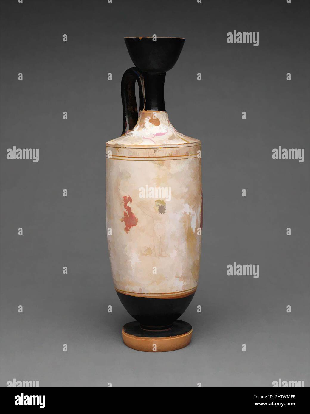 Kunst inspiriert von Terracotta Lekithos (Ölflasche), Klassik, ca. 430 v. Chr., Griechisch, Dachboden, Terrakotta; weißer Boden, H. 12 1/2 Zoll (31,8 cm); Durchmesser 4 Zoll (10,2 cm), Vasen, Mutter, Junge und Charon. Charon, der Fährmann, transportierte die Verstorbenen über den Fluss, der die Welt der von Artotop modernisierten Classic Works mit einem Schuss Moderne trennte. Formen, Farbe und Wert, auffällige visuelle Wirkung auf Kunst. Emotionen durch Freiheit von Kunstwerken auf zeitgemäße Weise. Eine zeitlose Botschaft, die eine wild kreative neue Richtung verfolgt. Künstler, die sich dem digitalen Medium zuwenden und die Artotop NFT erschaffen Stockfoto