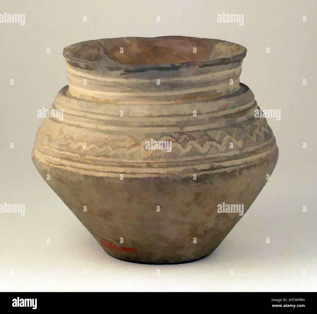 Art inspired by Vase, Roman, Terracotta, insgesamt: 3 11/16in. (9,4cm), Vasen, graue Vase mit gerillten Wellenlinien, Klassisches Werk, modernisiert von Artotop mit einem Schuss Moderne. Formen, Farbe und Wert, auffällige visuelle Wirkung auf Kunst. Emotionen durch Freiheit von Kunstwerken auf zeitgemäße Weise. Eine zeitlose Botschaft, die eine wild kreative neue Richtung verfolgt. Künstler, die sich dem digitalen Medium zuwenden und die Artotop NFT erschaffen Stockfoto