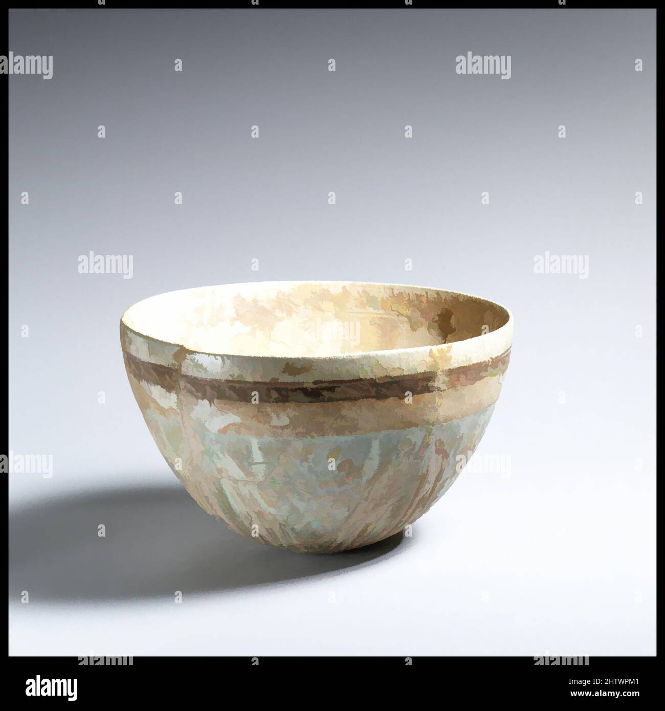 Kunst inspiriert von Faience Schale, hellenistisch, 2.–1. Jahrhundert v. Chr., Griechisch, Ptolemäisch, Fayence, h. 4 1/10 Zoll (10,5 cm); d. 6 4/5 Zoll (17,2 cm)., Verschiedenes-Faience, das dekorative Schema dieser Schale, große Blütenblätter, die durch dreieckige Zonen aus gestapelten Farnen oder Pinienzapfen getrennt sind, Klassische Werke, die von Artotop mit einem Schuss Moderne modernisiert wurden. Formen, Farbe und Wert, auffällige visuelle Wirkung auf Kunst. Emotionen durch Freiheit von Kunstwerken auf zeitgemäße Weise. Eine zeitlose Botschaft, die eine wild kreative neue Richtung verfolgt. Künstler, die sich dem digitalen Medium zuwenden und die Artotop NFT erschaffen Stockfoto