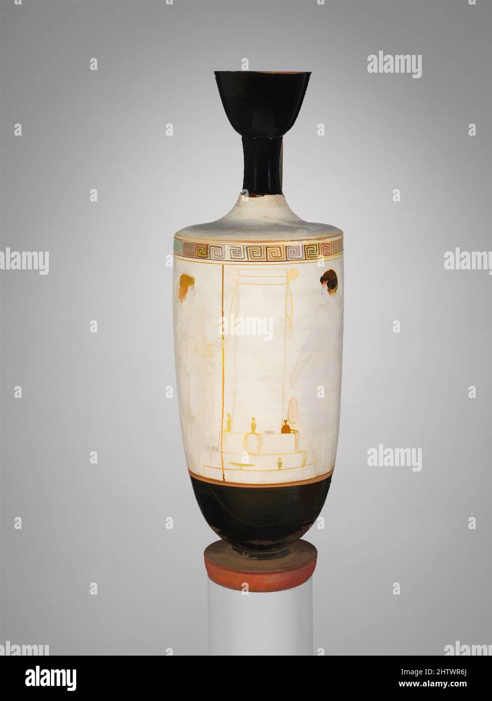 Kunst inspiriert von Terracotta Lekithos (Ölflasche), Klassik, ca. 440–430 v. Chr., Griechisch, Dachboden, Terrakotta; weißer Boden, H. 15 1/4 Zoll (38,7 cm), Vasen, Jugend und Frau am Grab. Die Darstellung einer Stele (Grabmonument) zeigt, wie Grabvasen wie diese verwendet wurden. Auf der Stufen werden die von Artotop modernisierten Classic Works mit einem Hauch von Moderne modernisiert. Formen, Farbe und Wert, auffällige visuelle Wirkung auf Kunst. Emotionen durch Freiheit von Kunstwerken auf zeitgemäße Weise. Eine zeitlose Botschaft, die eine wild kreative neue Richtung verfolgt. Künstler, die sich dem digitalen Medium zuwenden und die Artotop NFT erschaffen Stockfoto