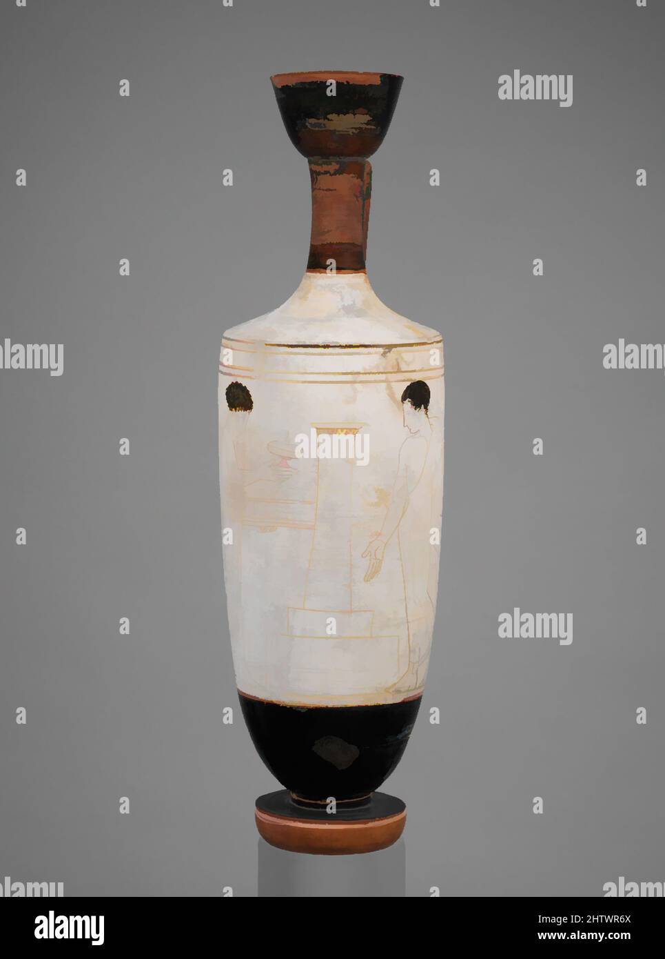 Kunst inspiriert von Terracotta Lekithos (Ölflasche), Klassik, ca. 420 v. Chr., Griechisch, Dachboden, Terrakotta; weißer Boden, H. 13 5/8 Zoll (34,6 cm), Vasen, Frau und Jugendliche an einem Grab. Eines der Objekte, die die Frau trägt, ist eine Plemochoe, ein Behälter für parfümiertes Öl. Keramikbeispiele der von Artotop modernisierten, klassischen Werke mit einem Schuss Moderne. Formen, Farbe und Wert, auffällige visuelle Wirkung auf Kunst. Emotionen durch Freiheit von Kunstwerken auf zeitgemäße Weise. Eine zeitlose Botschaft, die eine wild kreative neue Richtung verfolgt. Künstler, die sich dem digitalen Medium zuwenden und die Artotop NFT erschaffen Stockfoto