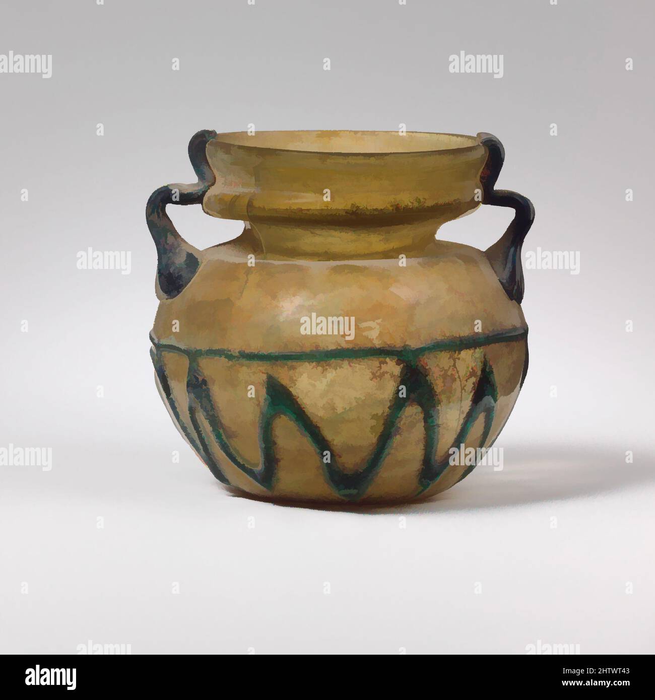 Kunst inspiriert von Glas, spätkaiserlich oder frühbyzantinisch, 4.–5. Jahrhundert n. Chr., römisch, palästinensisch, Glas; Geblasen und gezogene, H.: 3 7/16 Zoll (8,7 cm), Glas, lichtdurchlässig-olivgelb; Griffe und Spur in tieftürkisblau. Abgerundeter, leicht verwickelter Rand; unten hohl gefaltet, Klassische Werke, die von Artotop mit einem Hauch von Moderne modernisiert wurden. Formen, Farbe und Wert, auffällige visuelle Wirkung auf Kunst. Emotionen durch Freiheit von Kunstwerken auf zeitgemäße Weise. Eine zeitlose Botschaft, die eine wild kreative neue Richtung verfolgt. Künstler, die sich dem digitalen Medium zuwenden und die Artotop NFT erschaffen Stockfoto