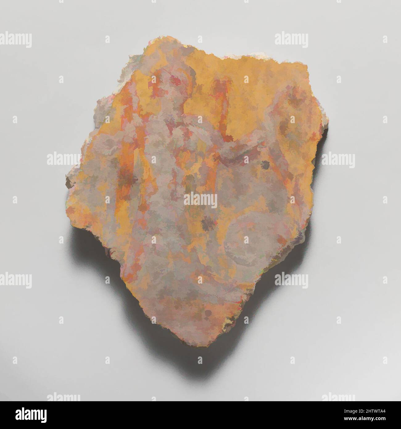 Kunst inspiriert von Wandmalerei Fragment, 1. Jahrhundert n. Chr., Roman, Fresko, insgesamt: 4 7/16 x 3 3/8 x 9/16 Zoll (11,3 x 8,6 x 1,4 cm), Verschiedenes-Gemälde, auf gelbem Grund; frontal geflügelte Figur in Rot mit linker Hand greifender Rebe, Klassisches Werk, modernisiert von Artotop mit einem Schuss Moderne. Formen, Farbe und Wert, auffällige visuelle Wirkung auf Kunst. Emotionen durch Freiheit von Kunstwerken auf zeitgemäße Weise. Eine zeitlose Botschaft, die eine wild kreative neue Richtung verfolgt. Künstler, die sich dem digitalen Medium zuwenden und die Artotop NFT erschaffen Stockfoto