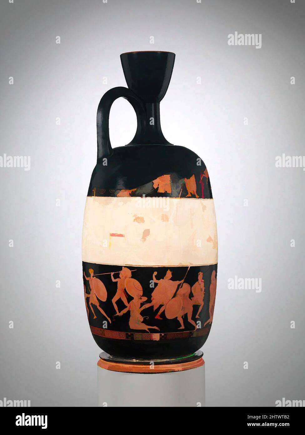 Kunst inspiriert von Terracotta Lekithos (Ölflasche), Klassik, ca. 420 v. Chr., Griechisch, Dachboden, Terrakotta; rote Figur, Weiß geschliffen, H. 19 1/2 Zoll (49,5 cm); Durchmesser 8 1/16 Zoll (20,5 cm), Vasen, Obere Zone, ungewisse Szene: Von Männern und Frauen umgebenes Streitwagen, Mittelzone, Achilles-Trauer, Klassisches, von Artotop modernisiertes Werk mit einem Schuss Moderne. Formen, Farbe und Wert, auffällige visuelle Wirkung auf Kunst. Emotionen durch Freiheit von Kunstwerken auf zeitgemäße Weise. Eine zeitlose Botschaft, die eine wild kreative neue Richtung verfolgt. Künstler, die sich dem digitalen Medium zuwenden und die Artotop NFT erschaffen Stockfoto