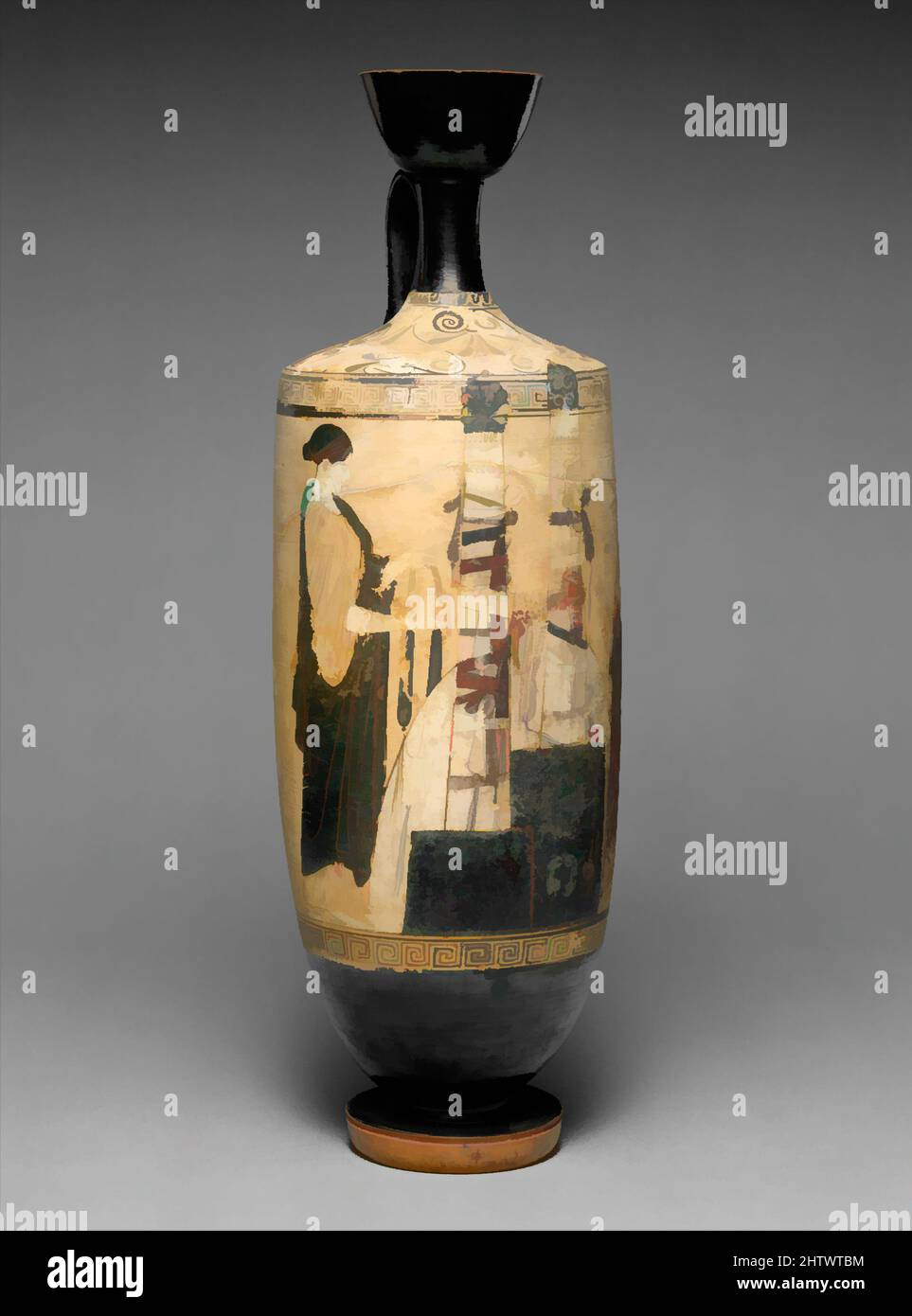 Kunst inspiriert von Terracotta Lekithos (Ölflasche), Klassik, ca. 460–450 v. Chr., Griechisch, Dachboden, Terrakotta; weißer Boden, Insgesamt: 16 11/16 x 5 7/16in. (42,4 x 13,8cm), Vasen, Frau und Jugend an zwei Gräbern. Dieses Lekithos ist beeindruckend für die gut erhaltene Farbe und die Menge an Details, die von Artotop modernisierte Classic Works mit einem Schuss Moderne. Formen, Farbe und Wert, auffällige visuelle Wirkung auf Kunst. Emotionen durch Freiheit von Kunstwerken auf zeitgemäße Weise. Eine zeitlose Botschaft, die eine wild kreative neue Richtung verfolgt. Künstler, die sich dem digitalen Medium zuwenden und die Artotop NFT erschaffen Stockfoto