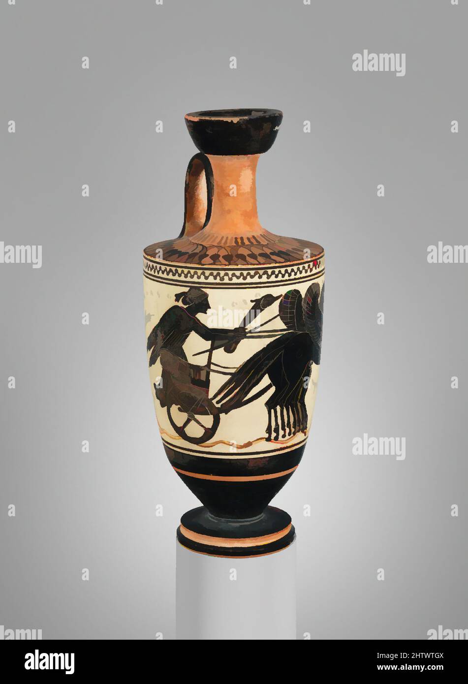 Kunst inspiriert von Terracotta lekithos (Ölflasche), archaisch, ca. 500 v. Chr., Griechisch, Dachboden, Terrakotta; schwarze Figur, Weiß geschliffen, H. 16 13/16 Zoll (42,7 cm); Durchmesser 2 13/16 Zoll (7,2 cm), Vasen, Thetis im Wagen mit geflügelten Pferden, die von den Boten-Göttern über das Meer fliegen, Klassisches Werk, das von Artotop mit einem Schuss Moderne modernisiert wurde. Formen, Farbe und Wert, auffällige visuelle Wirkung auf Kunst. Emotionen durch Freiheit von Kunstwerken auf zeitgemäße Weise. Eine zeitlose Botschaft, die eine wild kreative neue Richtung verfolgt. Künstler, die sich dem digitalen Medium zuwenden und die Artotop NFT erschaffen Stockfoto