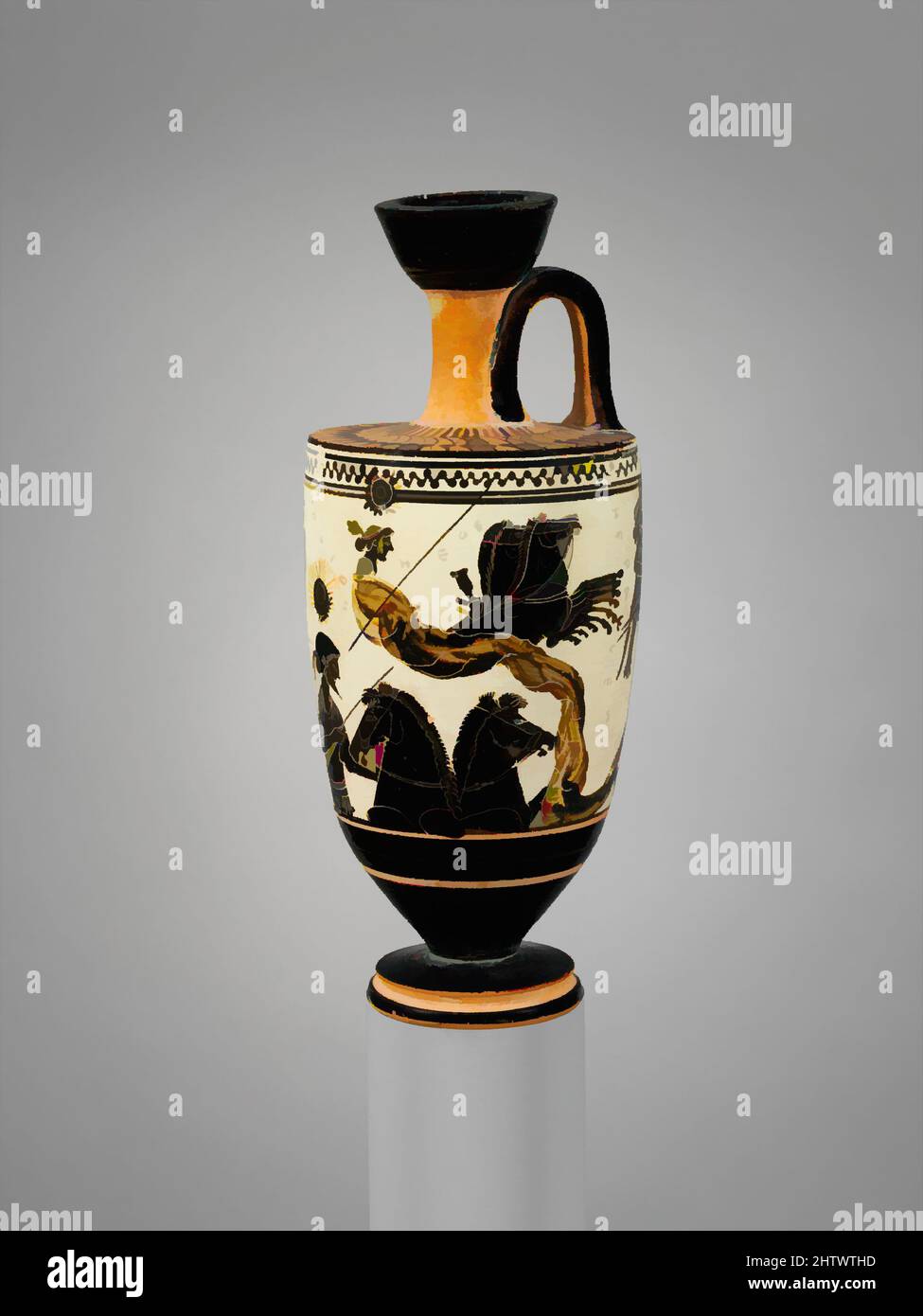 Kunst inspiriert von Terracotta lekithos (Ölflasche), archaisch, ca. 500 v. Chr., Griechisch, Dachboden, Terrakotta; schwarze Figur, Weiß geschliffen, H. 6 13/16 Zoll (17,3 cm); Durchmesser 2 13/16 Zoll (7,2 cm), Vases, Helios (die Sonne) steigt in seiner Quadriga (4-Pferdewagen) auf; oben, Nyx (Nacht), die mit einem Schuss Moderne zu den von Artotop modernisierten, klassischen Werken abfährt. Formen, Farbe und Wert, auffällige visuelle Wirkung auf Kunst. Emotionen durch Freiheit von Kunstwerken auf zeitgemäße Weise. Eine zeitlose Botschaft, die eine wild kreative neue Richtung verfolgt. Künstler, die sich dem digitalen Medium zuwenden und die Artotop NFT erschaffen Stockfoto