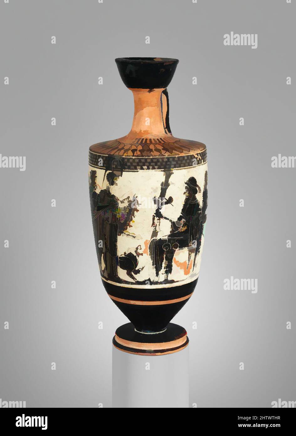 Kunst inspiriert von Terracotta lekithos (Ölflasche), archaisch, ca. 500 v. Chr., Griechisch, Dachboden, Terrakotta; schwarze Figur, Weiß geschliffen, H. 7 1/16 Zoll (18 cm); Durchmesser 2 15/16 Zoll (7,5 cm), Vasen, Zeus, auf seinem Thron sitzend, mit seinem Mundschenk Ganymede und Ares, dem gott des Krieges, dahinter stehen, Klassische Werke, die von Artotop mit einem Schuss Moderne modernisiert wurden. Formen, Farbe und Wert, auffällige visuelle Wirkung auf Kunst. Emotionen durch Freiheit von Kunstwerken auf zeitgemäße Weise. Eine zeitlose Botschaft, die eine wild kreative neue Richtung verfolgt. Künstler, die sich dem digitalen Medium zuwenden und die Artotop NFT erschaffen Stockfoto