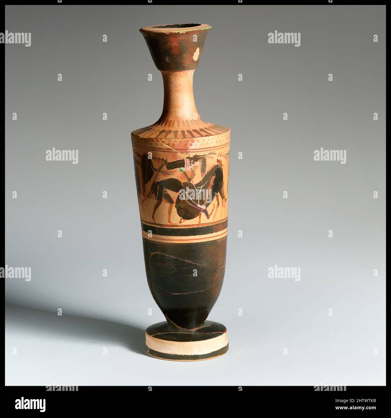 Kunst inspiriert von Lekithos, Klassik, Ca. 480 v. Chr., Griechisch, Dachboden, Terrakotta; schwarze Figur, H. 19,41 cm., Vasen, zwei Amazonen; Herakles und das Erymanthianschwein, Klassische Werke, die von Artotop mit einem Schuss Moderne modernisiert wurden. Formen, Farbe und Wert, auffällige visuelle Wirkung auf Kunst. Emotionen durch Freiheit von Kunstwerken auf zeitgemäße Weise. Eine zeitlose Botschaft, die eine wild kreative neue Richtung verfolgt. Künstler, die sich dem digitalen Medium zuwenden und die Artotop NFT erschaffen Stockfoto