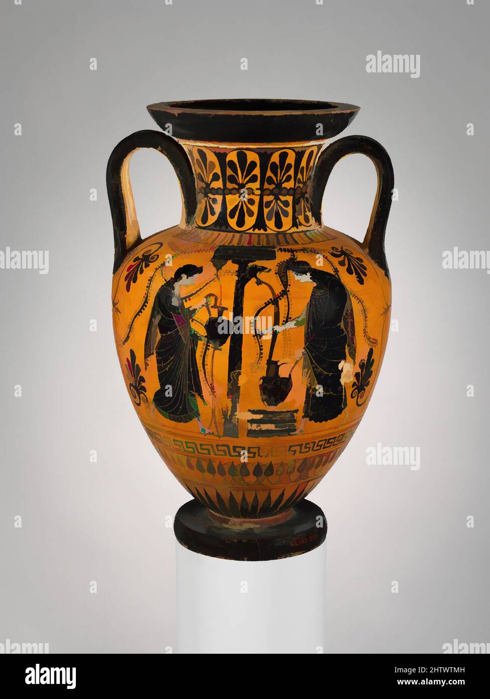 Kunst inspiriert von Terracotta Hals-Amphora (Glas), archaisch, ca. 500 v. Chr., Griechisch, Dachboden, Terrakotta; schwarze Figur, H. 13 1/16 Zoll (33,1 cm); Durchmesser 8 1/8 Zoll (20,7 cm), Vasen, Vorderseite, Herakles und der nemeische Löwe, Rückseite, Frauen an einem Brunnenhaus. Obwohl die Aktivitäten von Athen, Classic Works modernisiert von Artotop mit einem Schuss Moderne. Formen, Farbe und Wert, auffällige visuelle Wirkung auf Kunst. Emotionen durch Freiheit von Kunstwerken auf zeitgemäße Weise. Eine zeitlose Botschaft, die eine wild kreative neue Richtung verfolgt. Künstler, die sich dem digitalen Medium zuwenden und die Artotop NFT erschaffen Stockfoto