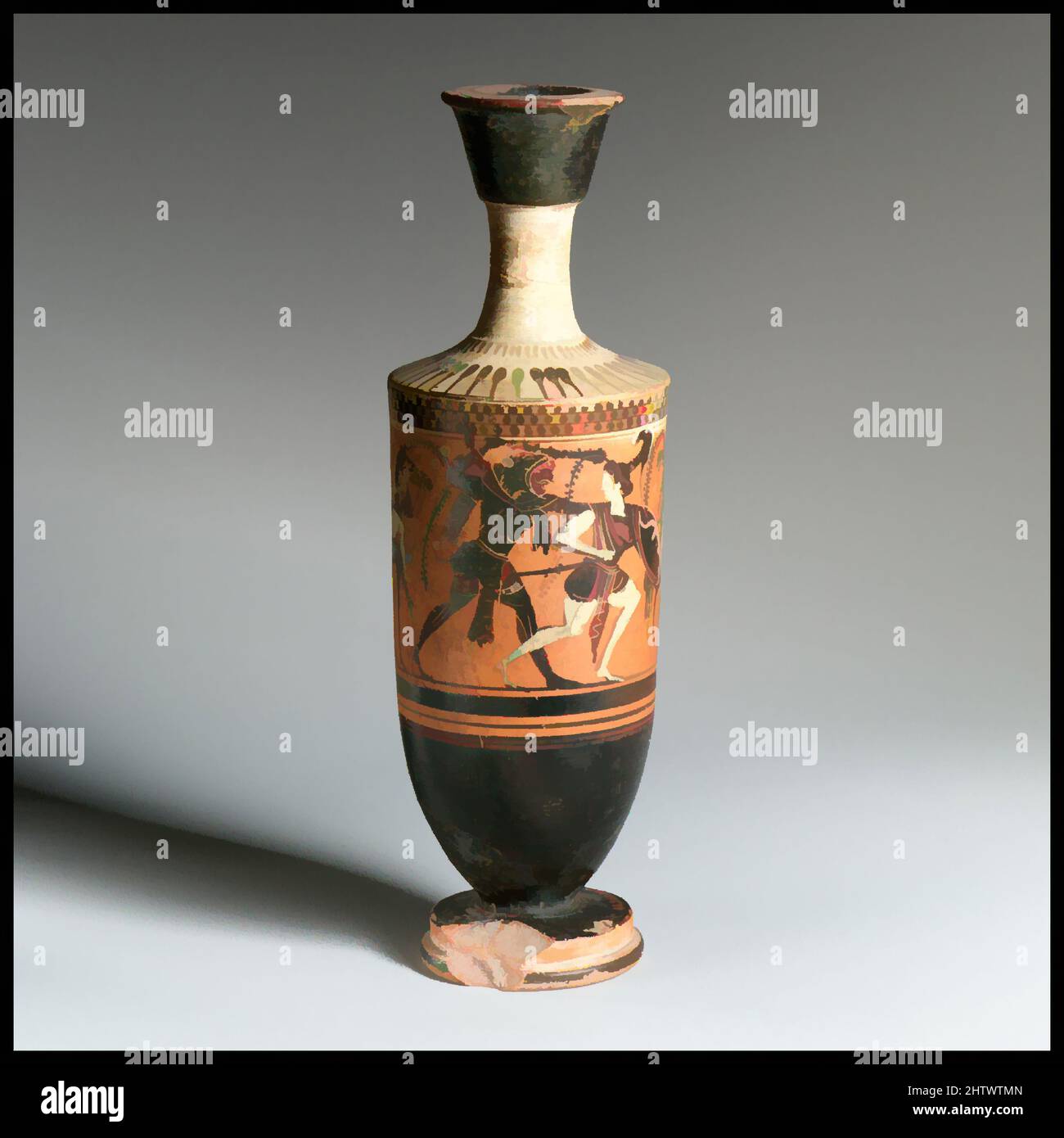 Kunst inspiriert von Lekithos, Klassik, Ca. 480 v. Chr., Griechisch, Dachboden, Terrakotta; schwarze Figur, Insgesamt: 8 1/2in. (21,6cm), Vasen, Kampf der Herakles und Amazonen, Klassisches Werk, das von Artotop mit einem Schuss Moderne modernisiert wurde. Formen, Farbe und Wert, auffällige visuelle Wirkung auf Kunst. Emotionen durch Freiheit von Kunstwerken auf zeitgemäße Weise. Eine zeitlose Botschaft, die eine wild kreative neue Richtung verfolgt. Künstler, die sich dem digitalen Medium zuwenden und die Artotop NFT erschaffen Stockfoto