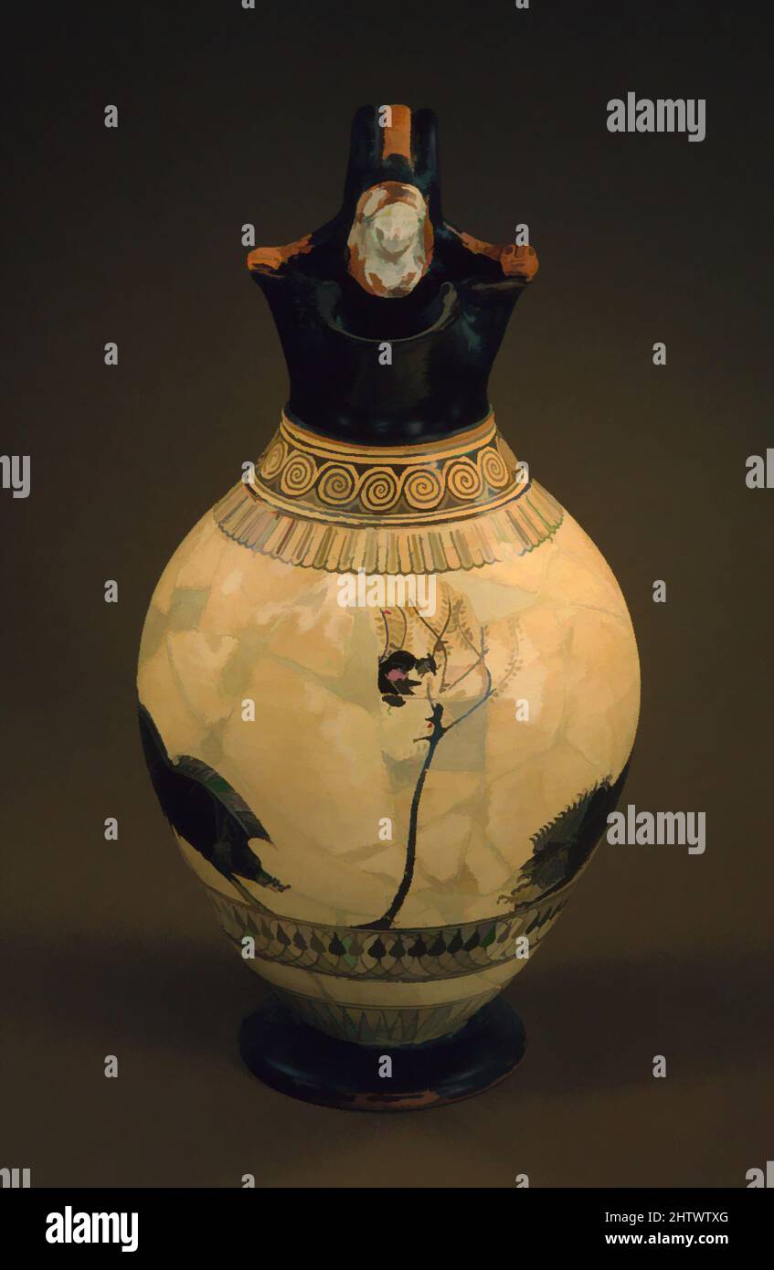 Terracotta-Oinochoe (Krug), archaisch, ca. 520 v. Chr., Griechisch, Dachboden, Terrakotta; schwarze Figur, Weiß geschliffen, H. 9 3/4 Zoll (24,8 cm), Vasen, Peleus, getreckt von einem Löwen und einem Wildschwein. Eine Reihe von Missgeschicken brachte Peleus, den zukünftigen Vater des Helden Achilles, in eine Baumkrone. Als Gast von König Akastos wurde Peleus zum Ziel der unerwiderten Liebe der Königin Stockfoto