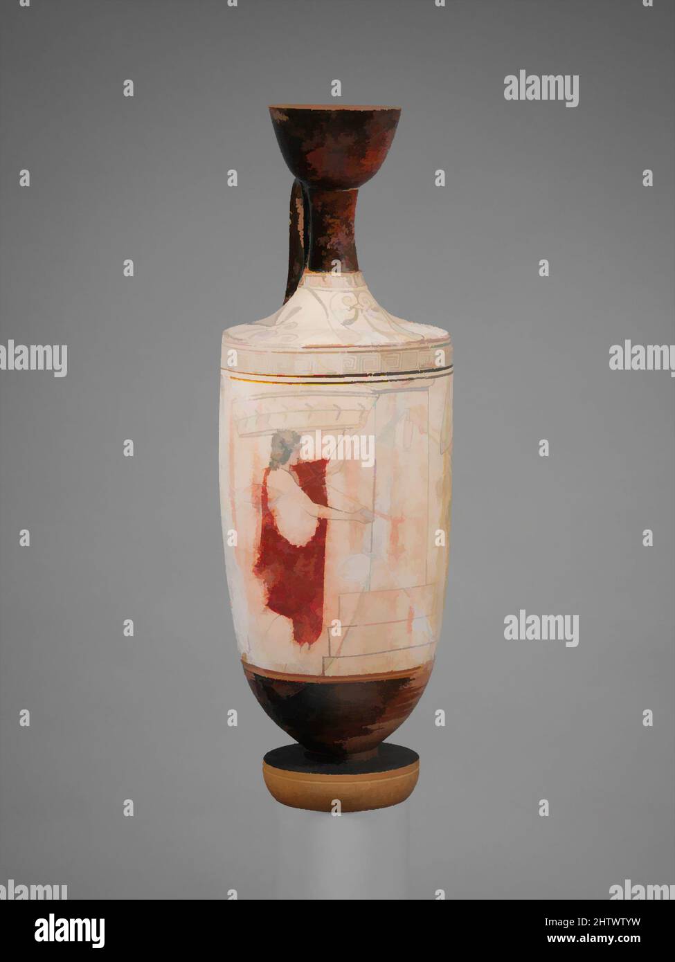 Kunst inspiriert von Terracotta Lekithos (Parfümflasche), Klassik, ca. 460 v. Chr., Griechisch, Dachboden, Terrakotta; rote Figur, Weiß geschliffen, H. 13 3/8 Zoll (34 cm), Vasen, Frau und Jugendliche an einem Grab. Es gibt viele Aspekte dieser funerary Darstellungen, die nicht klar sind, wie die, Classic Works modernisiert von Artotop mit einem Spritzer der Modernität. Formen, Farbe und Wert, auffällige visuelle Wirkung auf Kunst. Emotionen durch Freiheit von Kunstwerken auf zeitgemäße Weise. Eine zeitlose Botschaft, die eine wild kreative neue Richtung verfolgt. Künstler, die sich dem digitalen Medium zuwenden und die Artotop NFT erschaffen Stockfoto