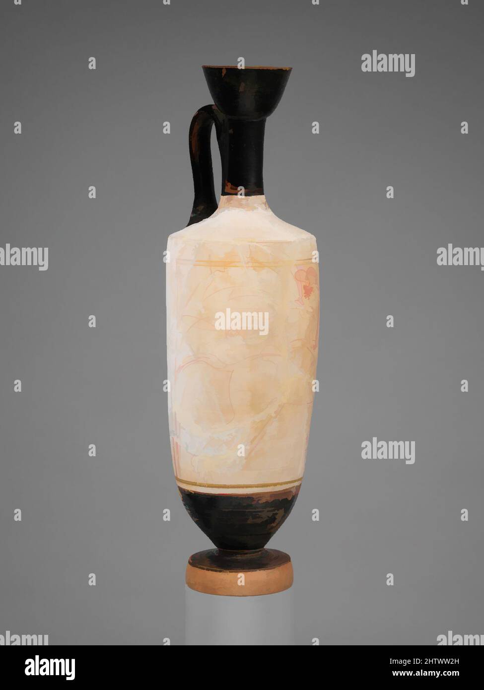 Kunst inspiriert von Terracotta Lekithos (Ölflasche), Klassik, ca. 430–420 v. Chr., Griechisch, Dachboden, Terrakotta; rote Figur, Weiß geschliffen, H. 12 1/2 Zoll (31,7 cm), Vasen, Reiter und Grab. Reiter und Wagen haben eine lange Tradition in der griechischen Funerary Ikonographie. In diesem sehr späten, Classic Works modernisiert von Artotop mit einem Schuss von Modernität. Formen, Farbe und Wert, auffällige visuelle Wirkung auf Kunst. Emotionen durch Freiheit von Kunstwerken auf zeitgemäße Weise. Eine zeitlose Botschaft, die eine wild kreative neue Richtung verfolgt. Künstler, die sich dem digitalen Medium zuwenden und die Artotop NFT erschaffen Stockfoto
