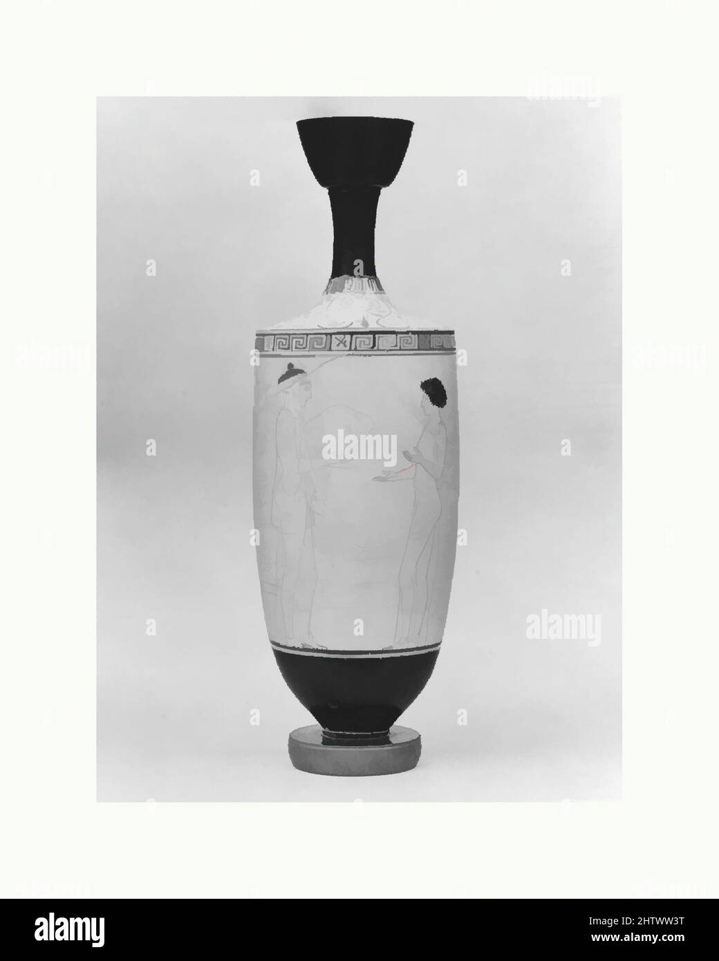 Kunst inspiriert von Terracotta Lekithos (Ölflasche), Klassik, ca. 440 v. Chr., Griechisch, Dachboden, Terrakotta; weißer Boden, H. 15 3/16 Zoll (38,6 cm), Vasen, Frau und Diener. Das Setting hier ist das Innere eines Hauses, wahrscheinlich das Frauenquartier und wird durch den Hocker und die Oinochoe (, Classic Works modernisiert von Artotop mit einem Schuss Moderne. Formen, Farbe und Wert, auffällige visuelle Wirkung auf Kunst. Emotionen durch Freiheit von Kunstwerken auf zeitgemäße Weise. Eine zeitlose Botschaft, die eine wild kreative neue Richtung verfolgt. Künstler, die sich dem digitalen Medium zuwenden und die Artotop NFT erschaffen Stockfoto