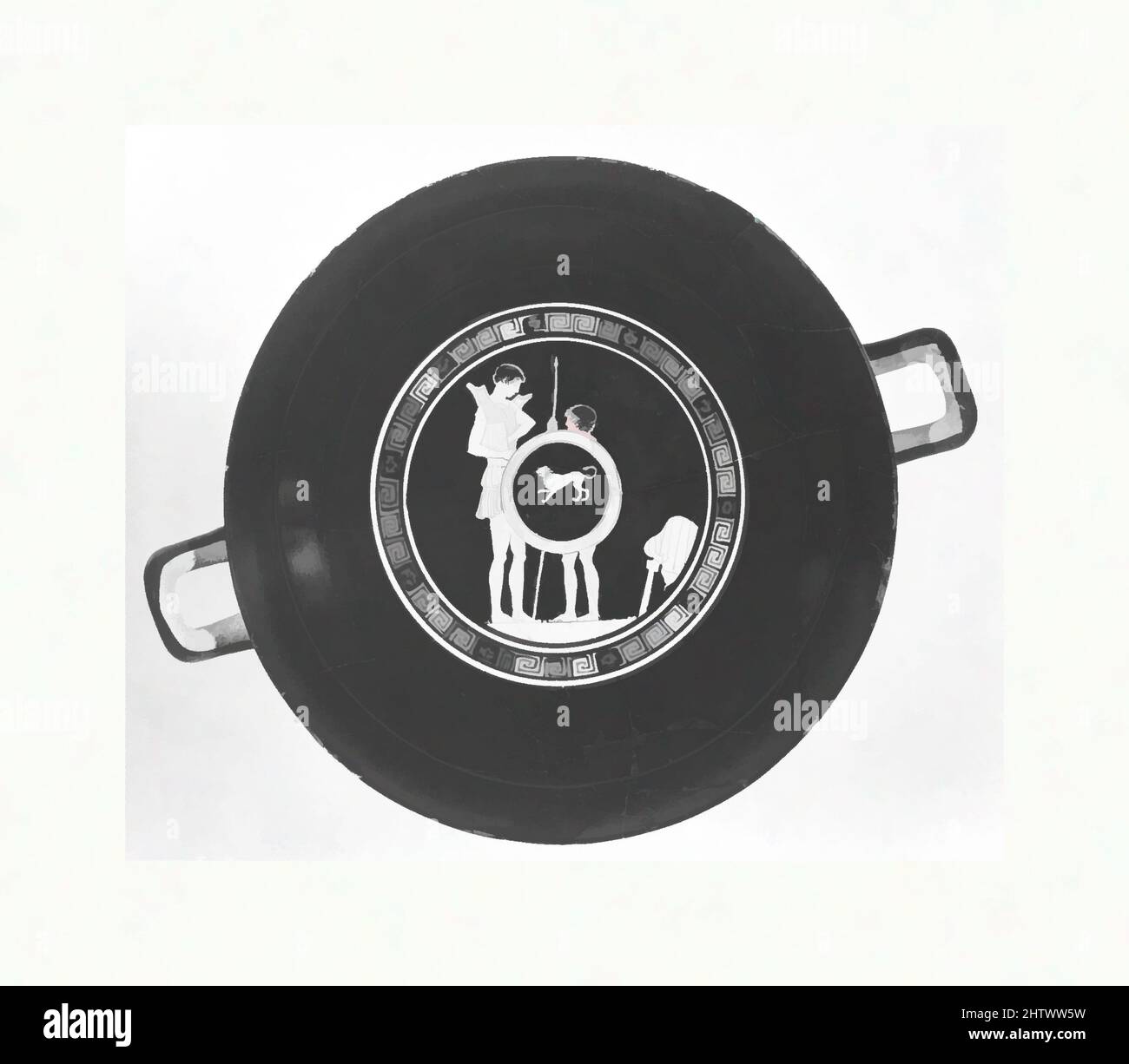 Kunst inspiriert von Terracotta kylix (Trinkbecher), Klassik, ca. 450 v. Chr., Griechisch, Dachboden, Terrakotta; rote Figur, Insgesamt: 3 3/4 x 12 13/16in. (9,6 x 32,5cm); Durchmesser 10 1/8in. (25,7cm), Vasen, Inneres, Jugendbewaffnung, während ein Junge seinen Speer und seinen Schild hält, Außenansicht, Jugendliche. Jede der able-, Classic Works wurde von Artotop mit einem Schuss Moderne modernisiert. Formen, Farbe und Wert, auffällige visuelle Wirkung auf Kunst. Emotionen durch Freiheit von Kunstwerken auf zeitgemäße Weise. Eine zeitlose Botschaft, die eine wild kreative neue Richtung verfolgt. Künstler, die sich dem digitalen Medium zuwenden und die Artotop NFT erschaffen Stockfoto