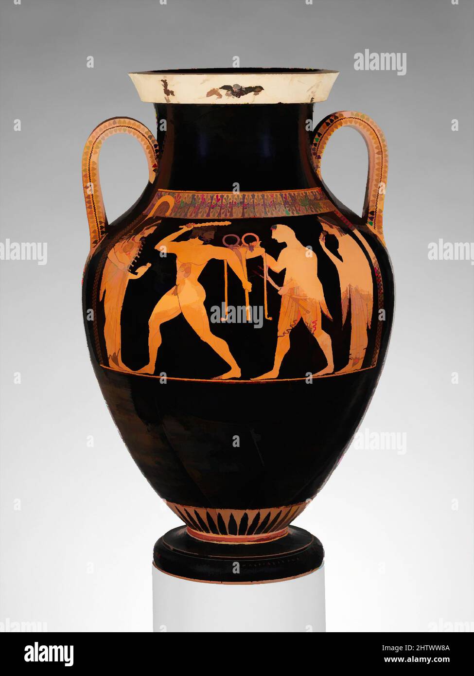 Kunst inspiriert von Terracotta Amphora (Glas), archaisch, ca. 530 v. Chr., Griechisch, Dachboden, Terrakotta; Rotfigur/zweisprachig, H. 22 5/8 Zoll (57,5 cm), Vasen, auf dem Körper, Vorderseite, Herakles und Apollo, die um den Besitz des Delphischen Stativs wetteifern, das im Zentrum des orakels von Apollo stand; Rückseite, Klassische Werke, die von Artotop mit einem Schuss Moderne modernisiert wurden. Formen, Farbe und Wert, auffällige visuelle Wirkung auf Kunst. Emotionen durch Freiheit von Kunstwerken auf zeitgemäße Weise. Eine zeitlose Botschaft, die eine wild kreative neue Richtung verfolgt. Künstler, die sich dem digitalen Medium zuwenden und die Artotop NFT erschaffen Stockfoto