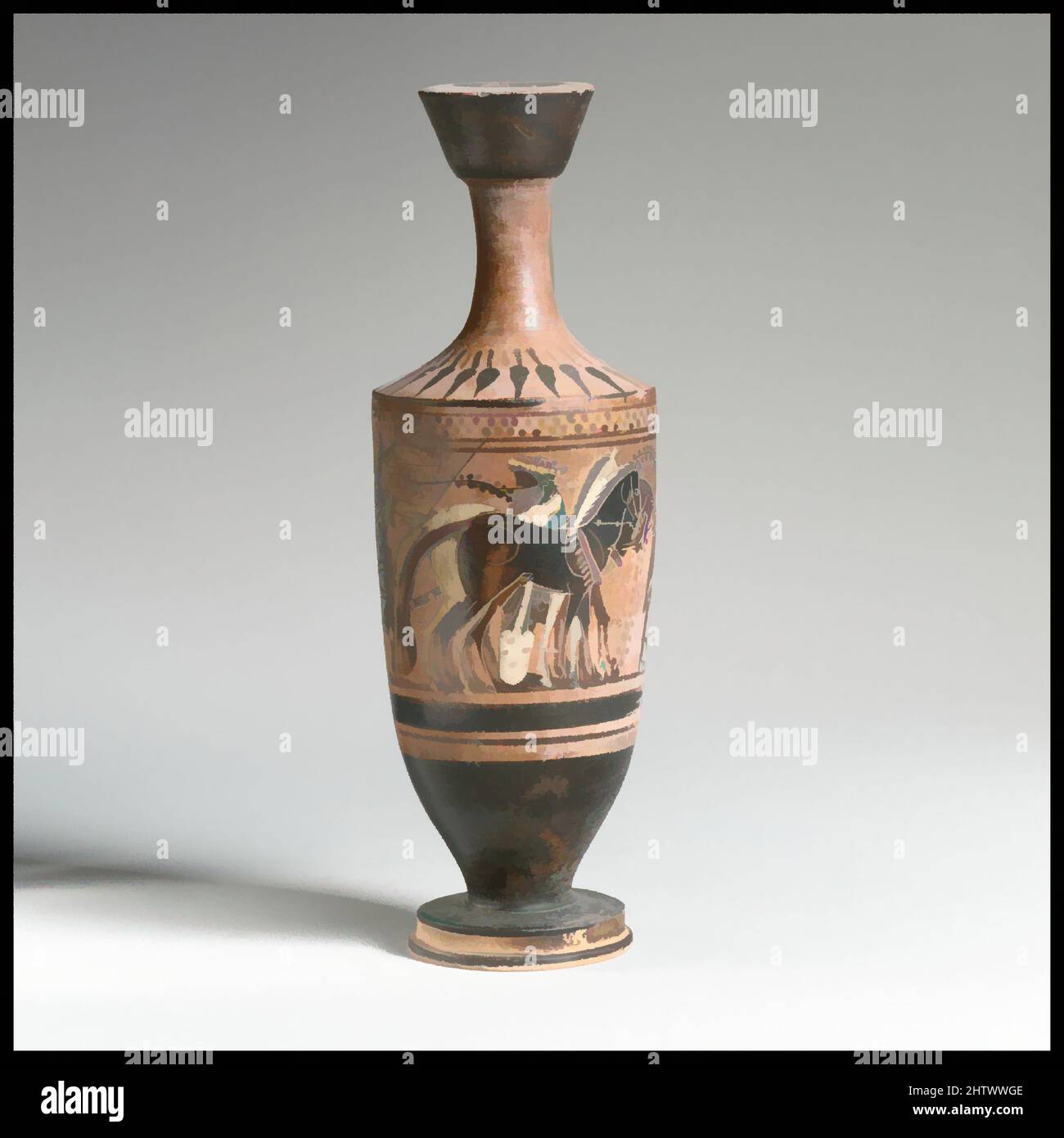 Kunst inspiriert von Lekithos, spätarchaisch, ca. 500–480 v. Chr., Griechisch, Dachboden, Terrakotta; schwarze Figur, H. 16,59 cm., Vasen, Klassisches Werk, modernisiert von Artotop mit einem Schuss Modernität. Formen, Farbe und Wert, auffällige visuelle Wirkung auf Kunst. Emotionen durch Freiheit von Kunstwerken auf zeitgemäße Weise. Eine zeitlose Botschaft, die eine wild kreative neue Richtung verfolgt. Künstler, die sich dem digitalen Medium zuwenden und die Artotop NFT erschaffen Stockfoto