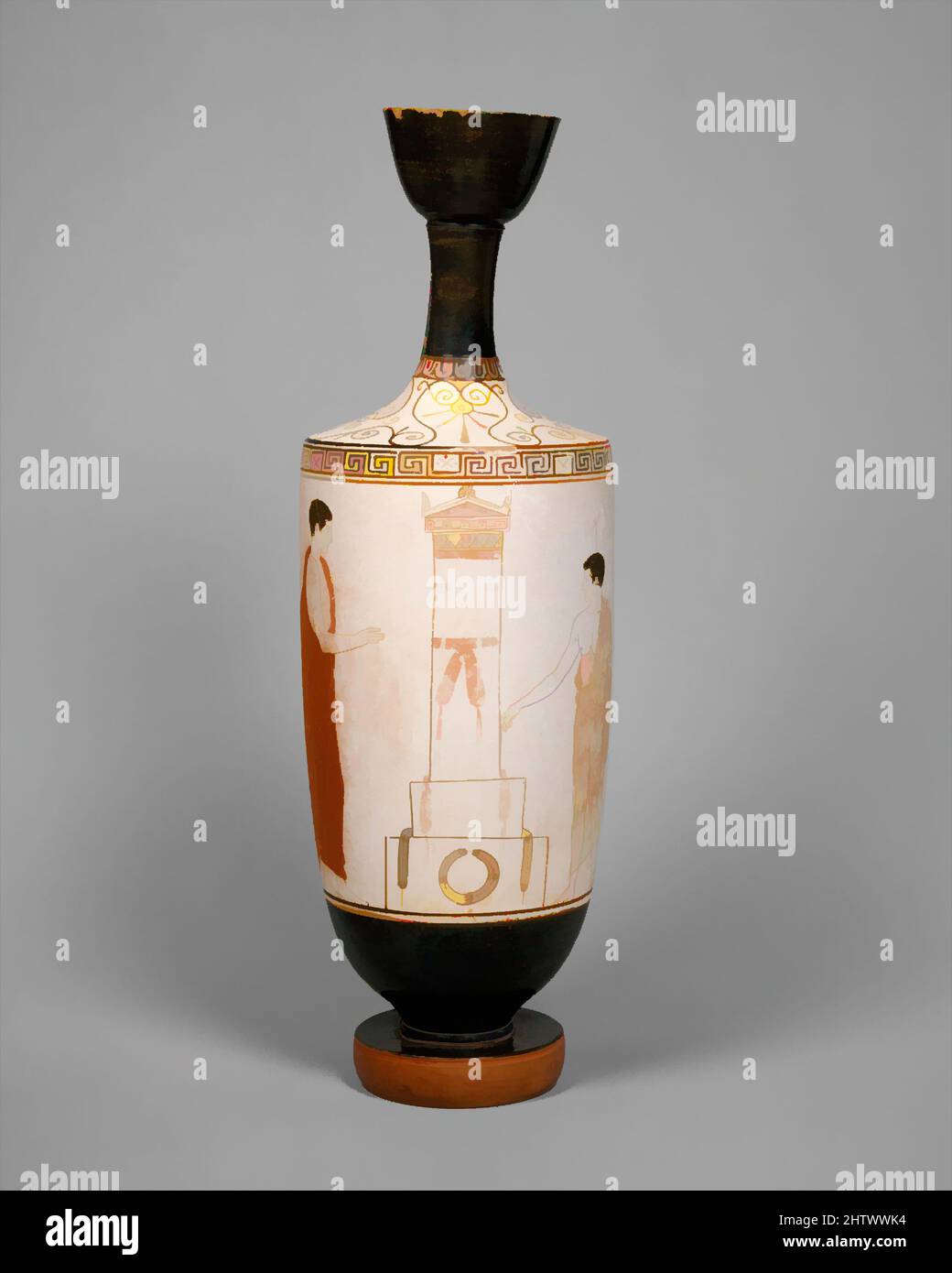 Kunst inspiriert von Terracotta Lekithos (Ölflasche), Klassik, ca. 440 v. Chr., Griechisch, Dachboden, Terrakotta; weißer Boden, H. 14 3/4 Zoll (37,39 cm), Vasen, Mourner und die Verstorbenen am Grab. Diese Vase ist ein Beispiel für attische Bestattungslekithoi mit weißem Grund vom Feinsten. Begräbnerische Darstellungen von, von Artotop modernisierten, klassischen Werken mit einem Schuss Modernität. Formen, Farbe und Wert, auffällige visuelle Wirkung auf Kunst. Emotionen durch Freiheit von Kunstwerken auf zeitgemäße Weise. Eine zeitlose Botschaft, die eine wild kreative neue Richtung verfolgt. Künstler, die sich dem digitalen Medium zuwenden und die Artotop NFT erschaffen Stockfoto