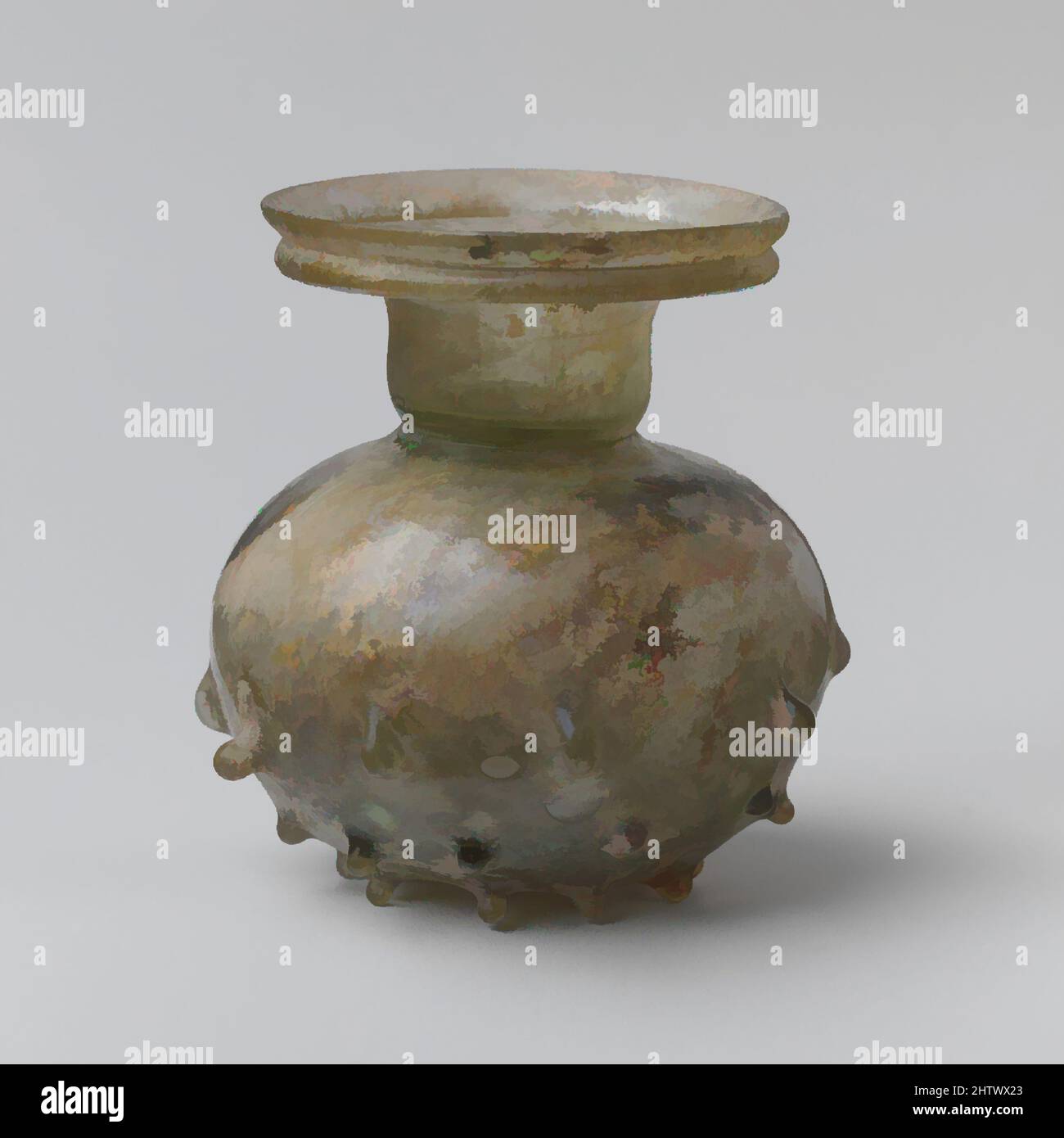 Kunst inspiriert von Glas-Sprinklerkolben, spätes Imperium, 3.–4. Jahrhundert n. Chr., römisch, östliches Mittelmeer, Glas; geblasen und nachgerüstet, H. 3 1/8 Zoll (7,9 cm), Glas, lichtdurchlässig hellgrün, uneben, abgerundeter Rand, Aufflackend, mit vorspringenden gefalteten Flansch unten; breiter Mund; kurze, von Artotop modernisierte Classic Works mit einem Schuss Moderne. Formen, Farbe und Wert, auffällige visuelle Wirkung auf Kunst. Emotionen durch Freiheit von Kunstwerken auf zeitgemäße Weise. Eine zeitlose Botschaft, die eine wild kreative neue Richtung verfolgt. Künstler, die sich dem digitalen Medium zuwenden und die Artotop NFT erschaffen Stockfoto