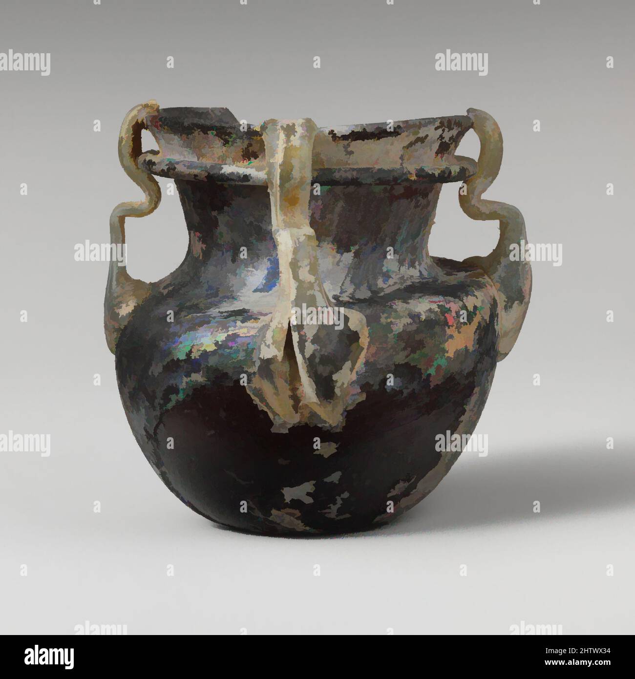 Kunst inspiriert von Glas mit vier Griffen, spätes Imperial, 4.–5. Jahrhundert n. Chr., römisch, Glas; Durchgebrannt, insgesamt: 2 7/8in. (7,3cm), Glas, lichtdurchlässiges Mangan-Purpur; Griffe in lichtdurchlässigem Hellgrün., Rand leicht ausgespielt, mit abgerundeter vertikaler Lippe; unter hohlem gefaltetem Flansch, Classic Works modernisiert von Artotop mit einem Schuss Modernität. Formen, Farbe und Wert, auffällige visuelle Wirkung auf Kunst. Emotionen durch Freiheit von Kunstwerken auf zeitgemäße Weise. Eine zeitlose Botschaft, die eine wild kreative neue Richtung verfolgt. Künstler, die sich dem digitalen Medium zuwenden und die Artotop NFT erschaffen Stockfoto