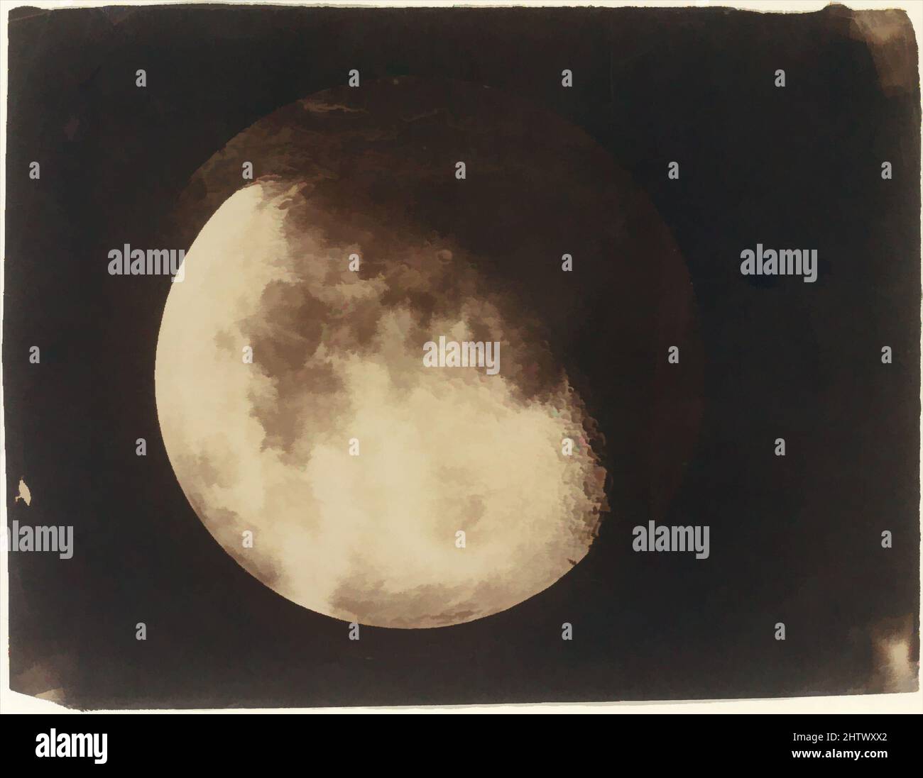 Art Inspired by the Moon, 1857–60, gesalzener Papierdruck aus Glas-Negativ, 21 x 15,7 cm (8 1/4 x 6 3/16 Zoll ), Photographs, John Adams Whipple (American, 1822–1891), James Wallace Black (American, 1825–1896), John Whipple machte im Dezember 1849 seine erste Fotografie des Mondes, einer von Artotop modernisierten Classic Works mit einem Schuss Moderne. Formen, Farbe und Wert, auffällige visuelle Wirkung auf Kunst. Emotionen durch Freiheit von Kunstwerken auf zeitgemäße Weise. Eine zeitlose Botschaft, die eine wild kreative neue Richtung verfolgt. Künstler, die sich dem digitalen Medium zuwenden und die Artotop NFT erschaffen Stockfoto