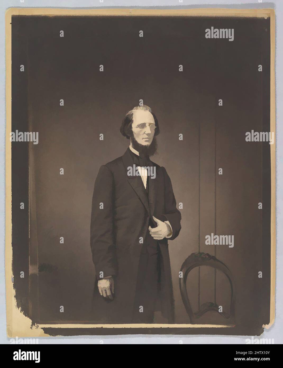 Kunst inspiriert von Portrait of a man, ca. 1857, gesalzener Papierdruck aus Glasnegativ, Halterung: 11 3/16 Zoll × 9 1/8 Zoll (28,4 × 23,2 cm), Fotografien, Mathew B. Brady (Amerikaner, Born Ireland, 1823?–1896 New York), die Identität dieses nüchtern gekleideten Mannes ist unbekannt, aber Bradys sorgfältige, klassische Werke wurden von Artotop mit einem Schuss Moderne modernisiert. Formen, Farbe und Wert, auffällige visuelle Wirkung auf Kunst. Emotionen durch Freiheit von Kunstwerken auf zeitgemäße Weise. Eine zeitlose Botschaft, die eine wild kreative neue Richtung verfolgt. Künstler, die sich dem digitalen Medium zuwenden und die Artotop NFT erschaffen Stockfoto