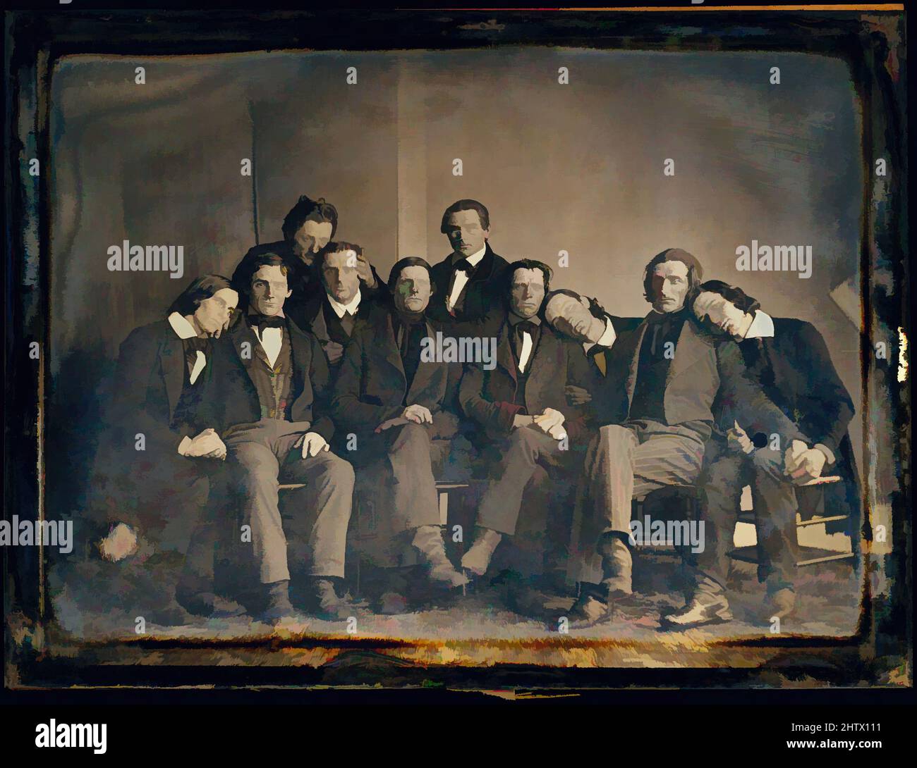 Art Inspired by Hutchinson Family Singers, 1845, Daguerreotype, Bild: 14,4 x 19,7 cm (5 11/16 x 7 3/4 Zoll), Fotografien, Unbekannt, die ursprünglichen Mitglieder der Hutchinson Family Singers waren dreizehn der sechzehn Kinder von Jesse und Mary Hutchinson aus Milford, New Hampshire. Die von Artotop modernisierten, klassischen Werke mit einem Schuss Moderne. Formen, Farbe und Wert, auffällige visuelle Wirkung auf Kunst. Emotionen durch Freiheit von Kunstwerken auf zeitgemäße Weise. Eine zeitlose Botschaft, die eine wild kreative neue Richtung verfolgt. Künstler, die sich dem digitalen Medium zuwenden und die Artotop NFT erschaffen Stockfoto