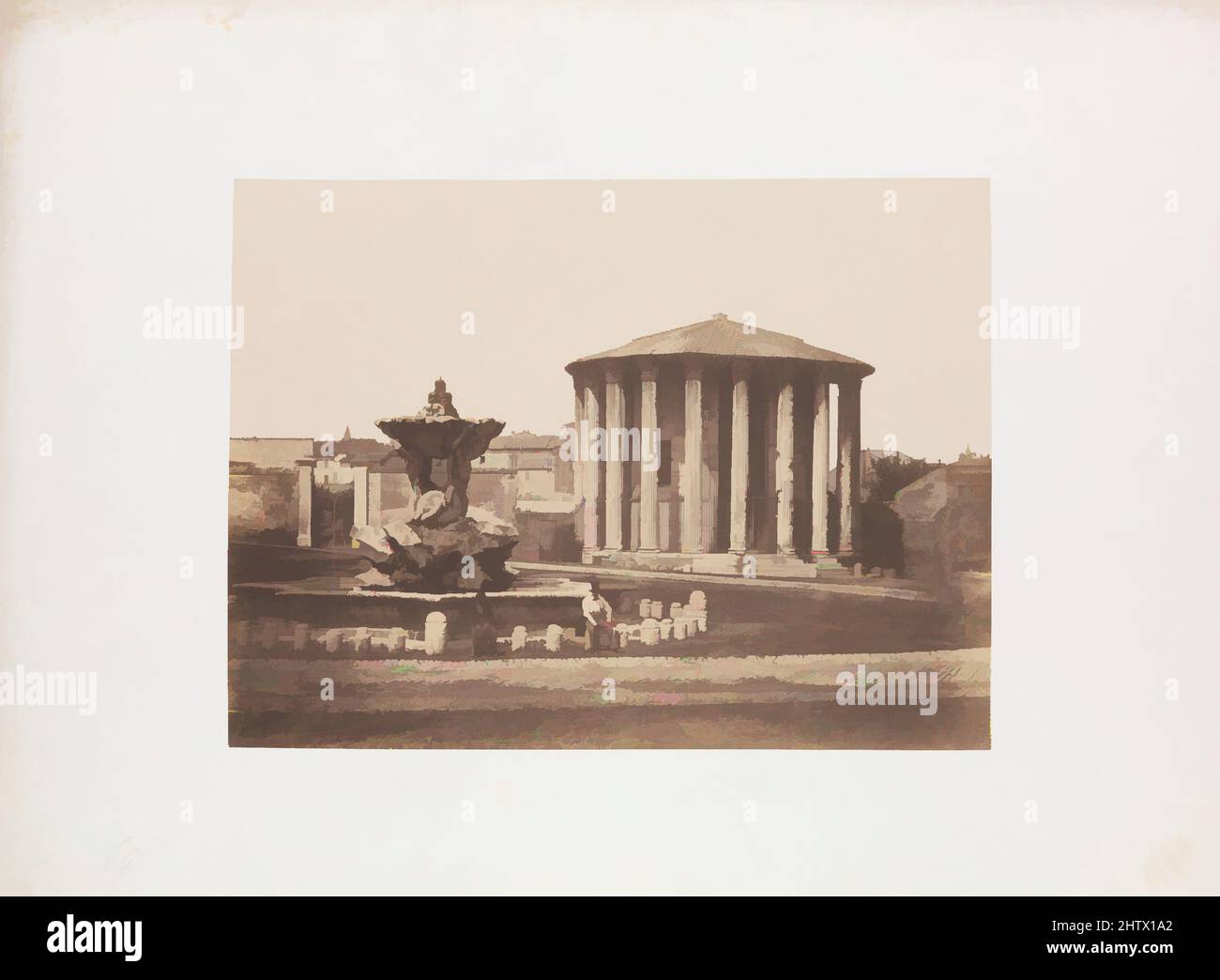 Art inspired by Temple of Vesta, 1850s, gesalzener Papierdruck aus Papiernegativ, Mount: 19 3/8 Zoll × 27 1/16 Zoll (49,2 × 68,7 cm), Fotografien, Pietro Dovizielli (Italienisch, 1804–1885), Dovizielli erhielt 1855 auf der Pariser Ausstellung Universelle eine Bronzemedaille, wo er klassische Werke ausstellte, die von Artotop mit einem Schuss Moderne modernisiert wurden. Formen, Farbe und Wert, auffällige visuelle Wirkung auf Kunst. Emotionen durch Freiheit von Kunstwerken auf zeitgemäße Weise. Eine zeitlose Botschaft, die eine wild kreative neue Richtung verfolgt. Künstler, die sich dem digitalen Medium zuwenden und die Artotop NFT erschaffen Stockfoto