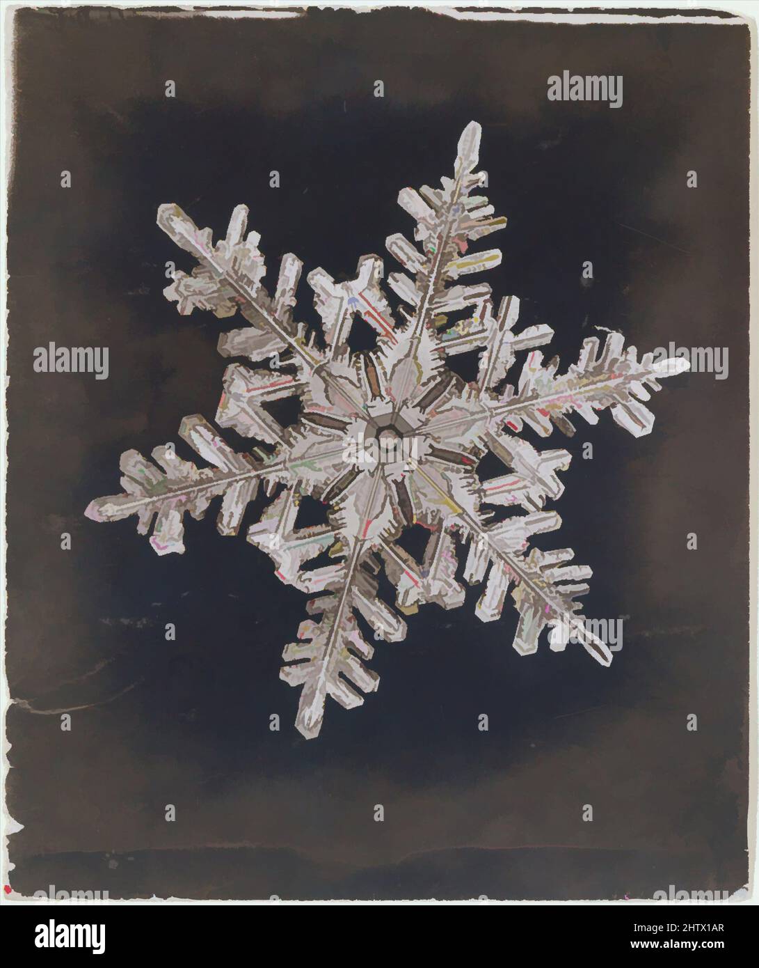 Kunst inspiriert von Schneekristall, ca. 1910, Silbergelatin-Druck, Bild: 7,4 x 9 cm (2 15/16 x 3 9/16 Zoll), Fotografien, Wilson Alwyn Bentley (Amerikaner, 1865–1931), Ein selbstgebildeter Landwirt aus dem vermont-Gebiet von New York, war ein Pionier auf dem Gebiet der Photomikrographie. Mit einem Mikroskop modernisierte Classic Works von Artotop mit einem Schuss Moderne. Formen, Farbe und Wert, auffällige visuelle Wirkung auf Kunst. Emotionen durch Freiheit von Kunstwerken auf zeitgemäße Weise. Eine zeitlose Botschaft, die eine wild kreative neue Richtung verfolgt. Künstler, die sich dem digitalen Medium zuwenden und die Artotop NFT erschaffen Stockfoto