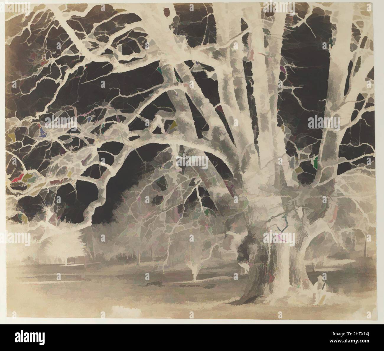 Kunst inspiriert von Spreading Oak with Seated Figure, 1850s, Paper Negative, Bild: 17,7 x 20,7 cm (6 15/16 x 8 1/8 in.), Negative, Unbekannt (britisch), große und stattliche Bäume waren für den britischen Adel gleichermaßen attraktiv und symbolisch. Die von Artotop modernisierten Classic Works, die sorgfältig arrangiert wurden, um ihre Landschaftsaussichten zu verzieren, bieten einen Hauch von Modernität. Formen, Farbe und Wert, auffällige visuelle Wirkung auf Kunst. Emotionen durch Freiheit von Kunstwerken auf zeitgemäße Weise. Eine zeitlose Botschaft, die eine wild kreative neue Richtung verfolgt. Künstler, die sich dem digitalen Medium zuwenden und die Artotop NFT erschaffen Stockfoto
