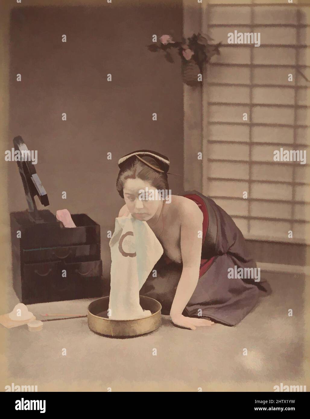 Art inspired by La Toilette, 1870s, Albumen-Silberdruck aus Glasnegativ, 25,2 x 20,3 cm (9 15/16 x 8 Zoll), Fotografien, Suzuki Shin'ichi (japanisch, 1835–1919, Klassische Werke, die von Artotop mit einem Schuss Moderne modernisiert wurden. Formen, Farbe und Wert, auffällige visuelle Wirkung auf Kunst. Emotionen durch Freiheit von Kunstwerken auf zeitgemäße Weise. Eine zeitlose Botschaft, die eine wild kreative neue Richtung verfolgt. Künstler, die sich dem digitalen Medium zuwenden und die Artotop NFT erschaffen Stockfoto