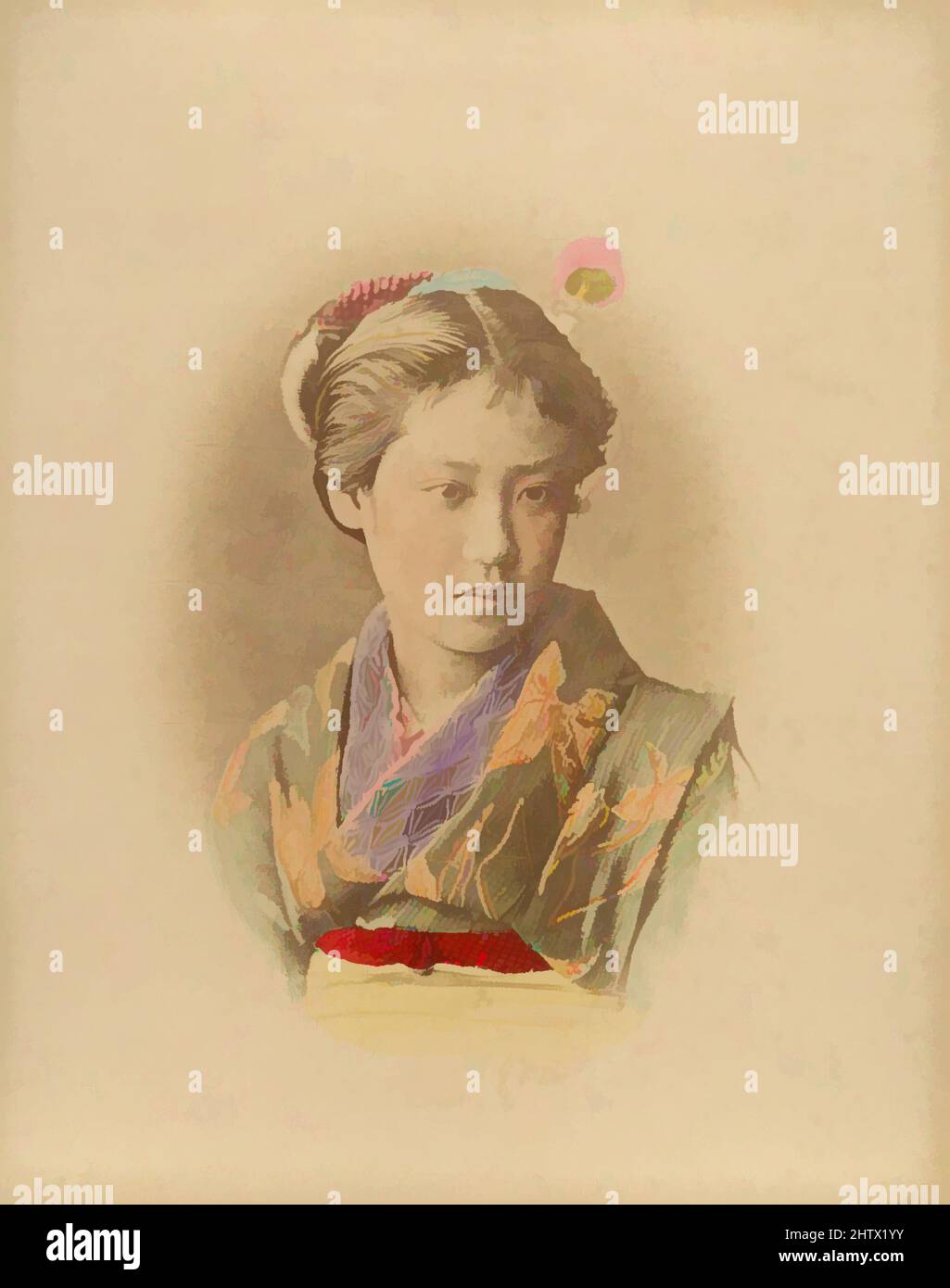 Art Inspired by Young Japanese Woman, 1870s, Albumen-Silberdruck aus Glasnegativ, 25 x 19,9 cm (9 13/16 x 7 13/16 Zoll), Fotografien, Suzuki Shin'ichi (Japanisch, 1835–1919, Klassische Werke, die von Artotop mit einem Schuss Moderne modernisiert wurden. Formen, Farbe und Wert, auffällige visuelle Wirkung auf Kunst. Emotionen durch Freiheit von Kunstwerken auf zeitgemäße Weise. Eine zeitlose Botschaft, die eine wild kreative neue Richtung verfolgt. Künstler, die sich dem digitalen Medium zuwenden und die Artotop NFT erschaffen Stockfoto