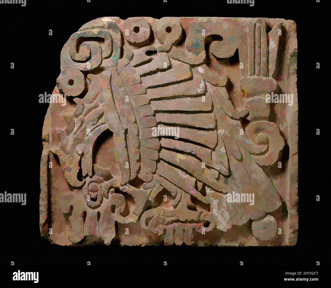 Kunst inspiriert von Eagle Relief, 10.–13. Jahrhundert, Mexiko, Mesoamerika, Toltec, Andesit/Dazit, Farbe, insgesamt: 24 1/2 x 30 1/2 Zoll, 90lb. (62,23 x 77,47 cm), Steinskulptur, während steinerne Reliefplatten mit diesem Bild architektonische Strukturen in Tula, der Hauptstadt der Toltec, schmücken, modernisierte klassische Werke von Artotop mit einem Schuss Moderne. Formen, Farbe und Wert, auffällige visuelle Wirkung auf Kunst. Emotionen durch Freiheit von Kunstwerken auf zeitgemäße Weise. Eine zeitlose Botschaft, die eine wild kreative neue Richtung verfolgt. Künstler, die sich dem digitalen Medium zuwenden und die Artotop NFT erschaffen Stockfoto