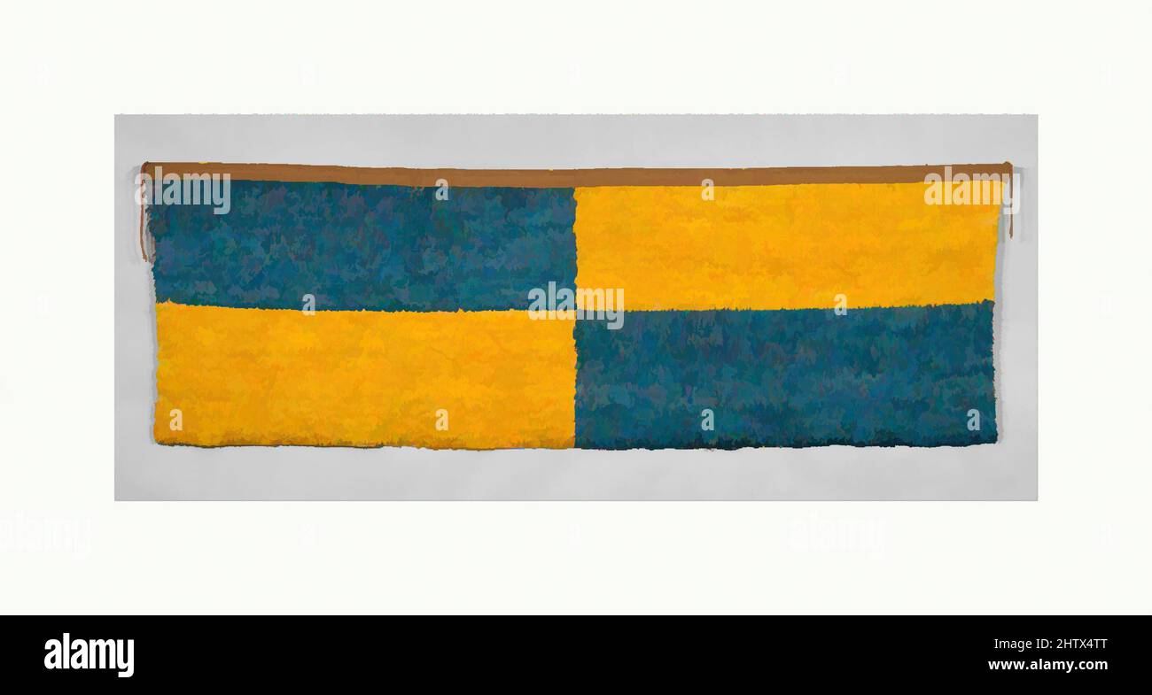 Kunst inspiriert von Feathered Panel, AD 600–900, Peru, Südküste, Wari, Federn auf Baumwolle, Kamelhaar, H. 29 1/4 × W. 83 5/8 Zoll (74,3 × 212,41 cm), Textilien-Featherwork, die Entdeckung eines antiken Begräbnisses oder einer zeremoniellen Stätte in der flussaufwärts gelegenen Region des Churunga-Tals im äußersten Süden, Klassische Werke, die von Artotop mit einem Schuss Moderne modernisiert wurden. Formen, Farbe und Wert, auffällige visuelle Wirkung auf Kunst. Emotionen durch Freiheit von Kunstwerken auf zeitgemäße Weise. Eine zeitlose Botschaft, die eine wild kreative neue Richtung verfolgt. Künstler, die sich dem digitalen Medium zuwenden und die Artotop NFT erschaffen Stockfoto