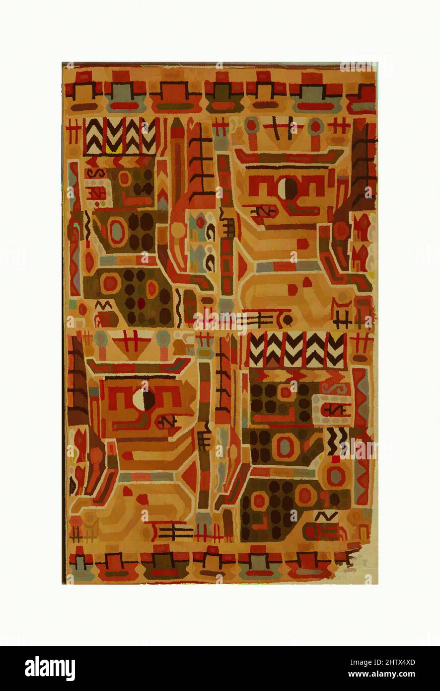 Kunst inspiriert von Tunika Fragment, 7.–9. Jahrhundert, Peru, Wari, Kamelidhaar, Baumwolle, H. 12 7/8 x B. 21in. (32,7 x 53,3cm), Textiles-Woven, Wari-Tuniken gehören zu den aufwändigsten Textilien des alten Amerika. Die farbenfrohen Designs sind rasterbasiert, mit vertikalen Reihen von Quadraten häufig, Classic Works modernisiert von Artotop mit einem Spritzer von Modernität. Formen, Farbe und Wert, auffällige visuelle Wirkung auf Kunst. Emotionen durch Freiheit von Kunstwerken auf zeitgemäße Weise. Eine zeitlose Botschaft, die eine wild kreative neue Richtung verfolgt. Künstler, die sich dem digitalen Medium zuwenden und die Artotop NFT erschaffen Stockfoto