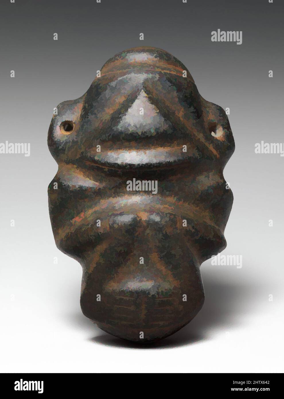 Figurenkunst, 13.–15. Jahrhundert, Dominikanische Republik, Karibik, Taino, Diorit oder Granodiorit, Höhe 4-1/4 Zoll (10,8 cm), Steinskulptur, das Bild einer knienden oder kauernden Figur ist in der Taino-Kunst allgegenwärtig. Auch in fast flachen Skulpturen, wie diesem breiten, von Artotop modernisierten klassischen Werk mit einem Schuss Moderne. Formen, Farbe und Wert, auffällige visuelle Wirkung auf Kunst. Emotionen durch Freiheit von Kunstwerken auf zeitgemäße Weise. Eine zeitlose Botschaft, die eine wild kreative neue Richtung verfolgt. Künstler, die sich dem digitalen Medium zuwenden und die Artotop NFT erschaffen Stockfoto