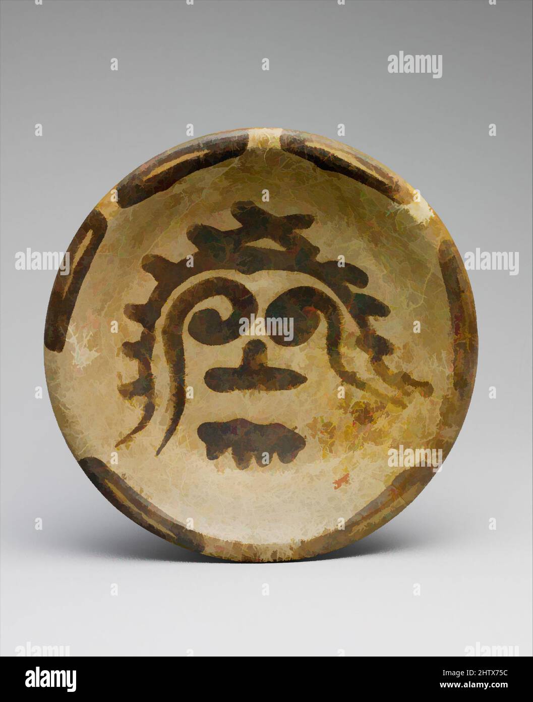 Kunst inspiriert von Stativplatte, 9.–10. Jahrhundert, Mexiko, Mesoamerika, Maya, Keramik, H. 2 1/2 x Durchm. 10 7/8 Zoll (6,4 x 27,6 cm), Keramik-Behälter, von Archäologen als Lattenware bezeichnet, ist dieses Keramikgefäß eine Sorte, die besonders in den von Artotop modernisierten, klassischen Werken mit einem Schuss Moderne im Norden Yucatans beliebt war. Formen, Farbe und Wert, auffällige visuelle Wirkung auf Kunst. Emotionen durch Freiheit von Kunstwerken auf zeitgemäße Weise. Eine zeitlose Botschaft, die eine wild kreative neue Richtung verfolgt. Künstler, die sich dem digitalen Medium zuwenden und die Artotop NFT erschaffen Stockfoto