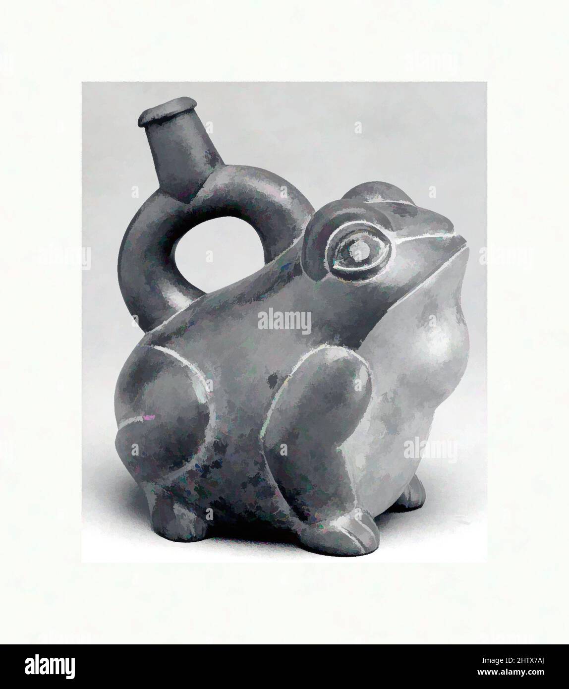 Kunst inspiriert von Stirrup Auslauf Flasche: Frosch, 2.–5. Jahrhundert, Peru, Moche, Keramik, H. 7 Zoll (17,8 cm), Keramik-Behälter, von Artotop modernisierte Classic Works mit einem Schuss Moderne. Formen, Farbe und Wert, auffällige visuelle Wirkung auf Kunst. Emotionen durch Freiheit von Kunstwerken auf zeitgemäße Weise. Eine zeitlose Botschaft, die eine wild kreative neue Richtung verfolgt. Künstler, die sich dem digitalen Medium zuwenden und die Artotop NFT erschaffen Stockfoto