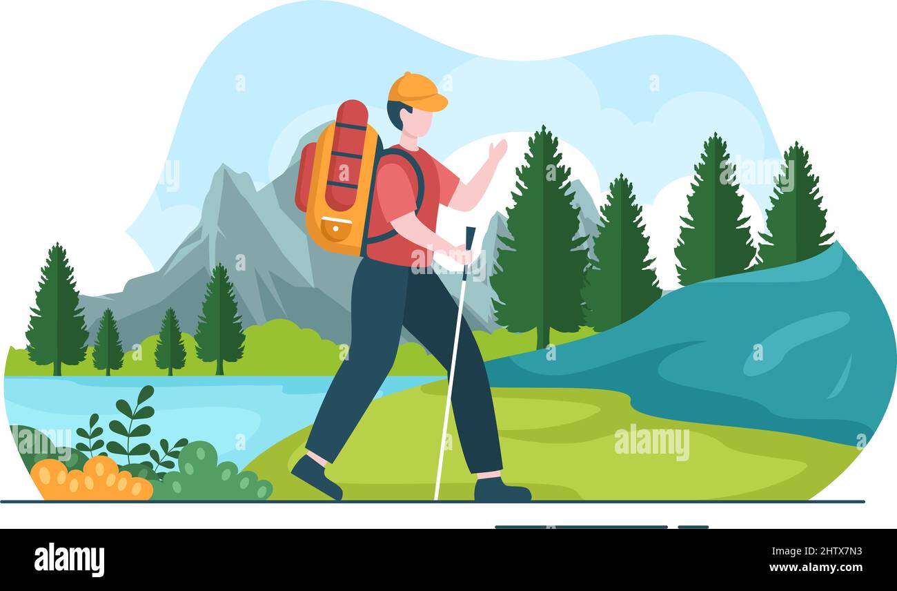 Abenteuertour zum Thema Klettern, Trekking, Wandern, Wandern oder Urlaub mit Wald- und Bergblick in flacher Naturhintergrund-Illustration Stock Vektor