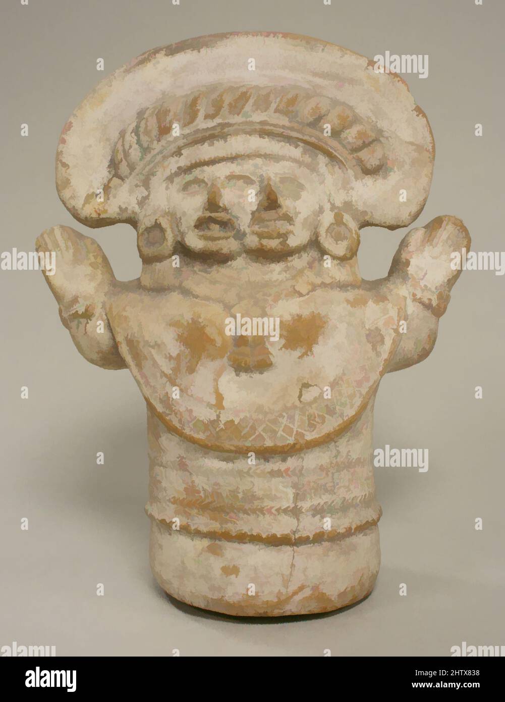 Kunst inspiriert von zweiköpfigen Figurenrasseln, 13.–Anfang des 16.. Jahrhunderts, Mexiko, Mesoamerika, Azteken, Keramik, Pigment, Höhe 9 Zoll (22,8 cm), Keramik-Musikinstrumente, von Artotop modernisierte Klassiker mit einem Schuss Moderne. Formen, Farbe und Wert, auffällige visuelle Wirkung auf Kunst. Emotionen durch Freiheit von Kunstwerken auf zeitgemäße Weise. Eine zeitlose Botschaft, die eine wild kreative neue Richtung verfolgt. Künstler, die sich dem digitalen Medium zuwenden und die Artotop NFT erschaffen Stockfoto