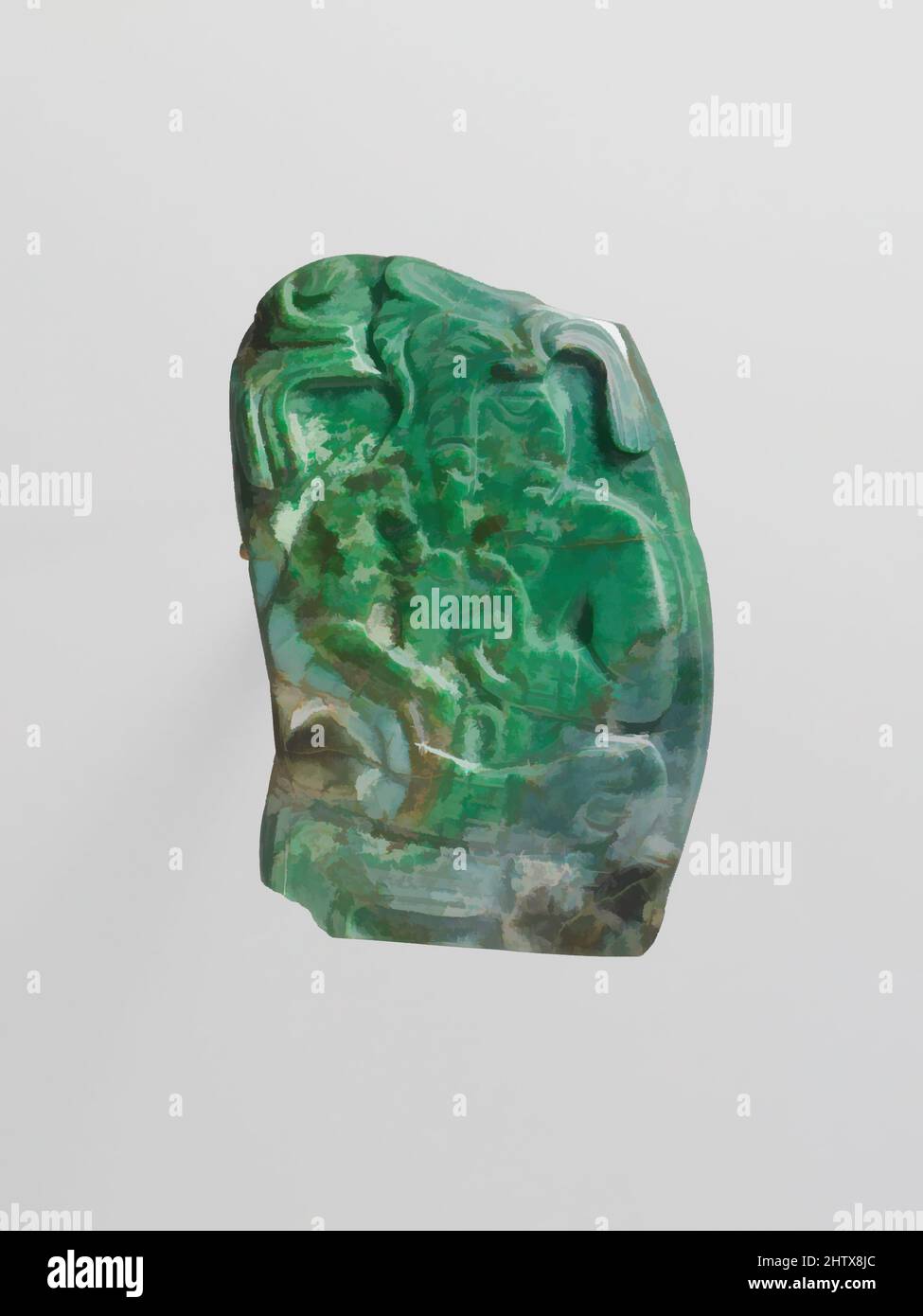 Kunst inspiriert von Anhänger mit sitzenden Herrn, 7.–8. Jahrhundert, Guatemala oder Mexiko, Mesoamerika, Maya, Jadeit, H. 2 5/8 x B 1 7/8 x T 3/8 Zoll (6,7 x 4,8 x 1 cm), Stein-Ornamente, auf diesem Jadeitenanhänger sitzt ein Mann auf einem niedrigen Dais in einer der kreuzbeinigen Haltungen der Maya-Könige. Seine von Artotop modernisierten, klassischen Werke mit einem Schuss Moderne. Formen, Farbe und Wert, auffällige visuelle Wirkung auf Kunst. Emotionen durch Freiheit von Kunstwerken auf zeitgemäße Weise. Eine zeitlose Botschaft, die eine wild kreative neue Richtung verfolgt. Künstler, die sich dem digitalen Medium zuwenden und die Artotop NFT erschaffen Stockfoto