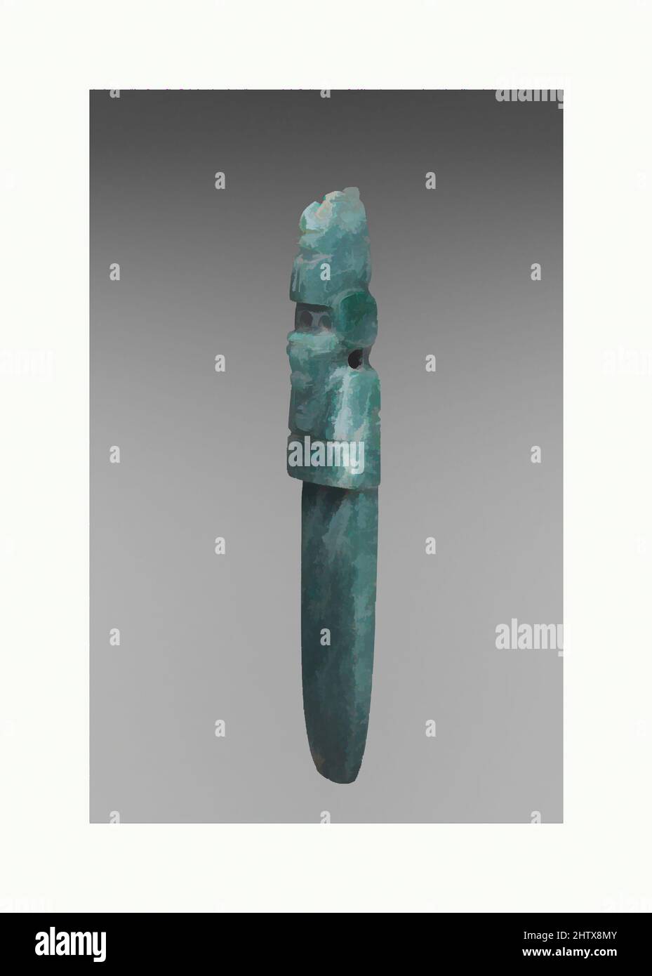 Kunst inspiriert von Figure-Celt Anhänger, 1.–5. Jahrhundert, Costa Rica, Guanacaste-Nicoya, Jadeite, H. 7 7/8 Zoll (20 cm), Stein-Ornamente, die schlanken celt-Form Anhänger Mittelamerikas, um den Hals auf einem String getragen, hatte eine ernsthafte Präsenz in den frühen Jahrhunderten n. Chr. sorgfältig, Classic Works modernisiert von Artotop mit einem Schuss Moderne. Formen, Farbe und Wert, auffällige visuelle Wirkung auf Kunst. Emotionen durch Freiheit von Kunstwerken auf zeitgemäße Weise. Eine zeitlose Botschaft, die eine wild kreative neue Richtung verfolgt. Künstler, die sich dem digitalen Medium zuwenden und die Artotop NFT erschaffen Stockfoto