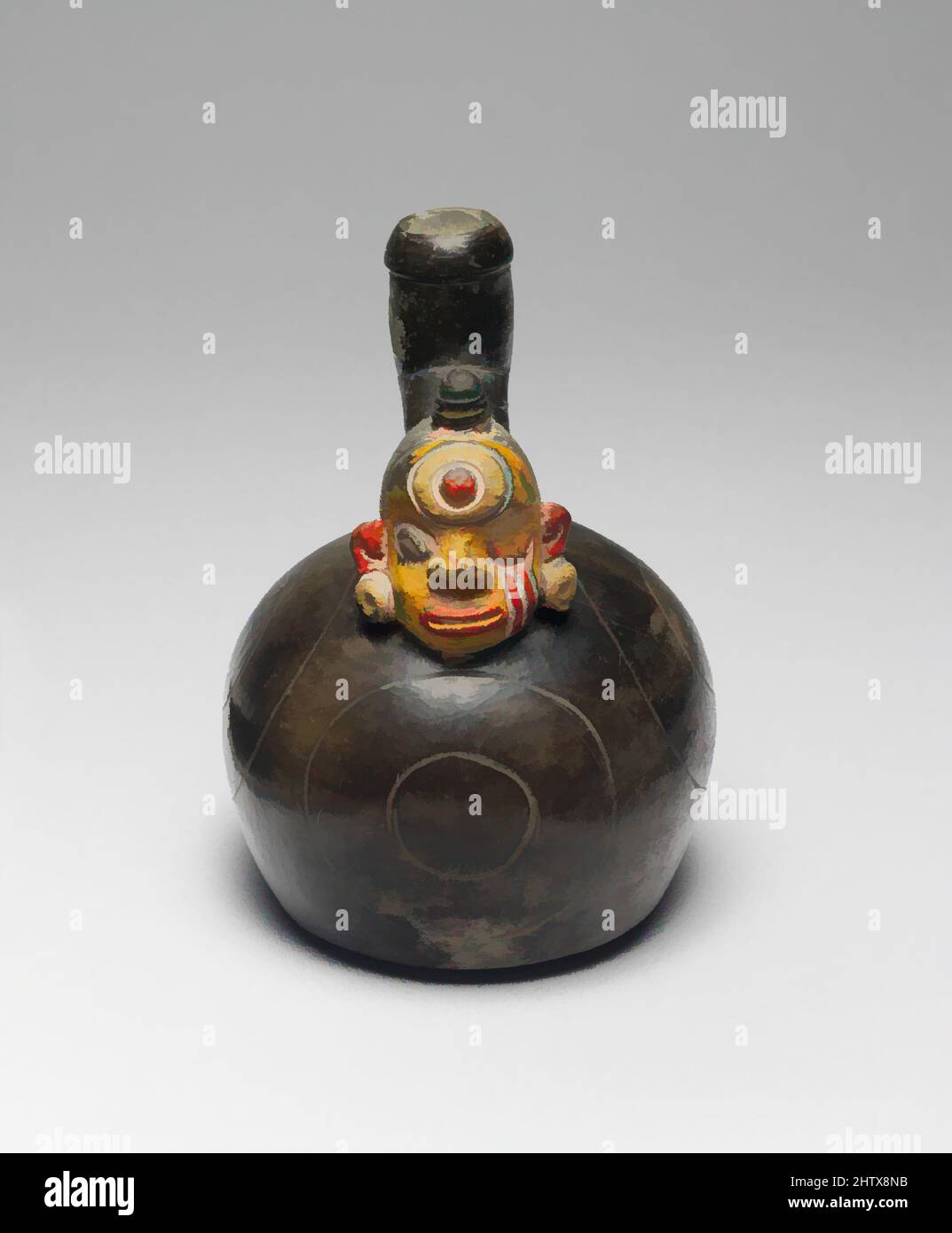 Kunst inspiriert von Flasche, Kopf auf Auslauf, ca. 6.. Jahrhundert v. Chr., Peru, Paracas, Keramik, nachgefeuerte Farbe, H. 7 Zoll (17,8 cm), Keramik-Behälter, Schalen und Flaschen in verschiedenen Formen und Größen sind immer wieder unter den Grabbeigaben zu finden, die die alten peruanischen Völker mit sich brachten, klassische Werke, die von Artotop mit einem Schuss Moderne modernisiert wurden. Formen, Farbe und Wert, auffällige visuelle Wirkung auf Kunst. Emotionen durch Freiheit von Kunstwerken auf zeitgemäße Weise. Eine zeitlose Botschaft, die eine wild kreative neue Richtung verfolgt. Künstler, die sich dem digitalen Medium zuwenden und die Artotop NFT erschaffen Stockfoto