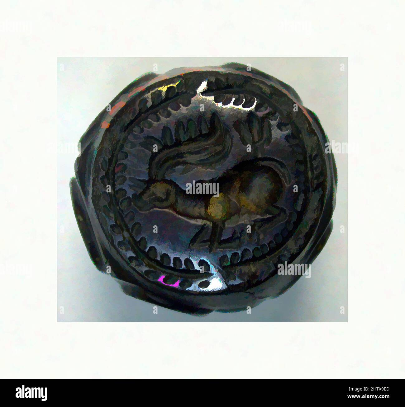 Kunst inspiriert von Stamp Seal, Sasanian, ca. 3.–7.. Jahrhundert n. Chr., Iran, Sasanian, Hämatit, H. 1/2 Zoll (1,2 cm); Durchm. 13/16 Zoll (2 cm), Stempelsiegelbeschriftet, Klassisches Werk, modernisiert von Artotop mit einem Schuss Moderne. Formen, Farbe und Wert, auffällige visuelle Wirkung auf Kunst. Emotionen durch Freiheit von Kunstwerken auf zeitgemäße Weise. Eine zeitlose Botschaft, die eine wild kreative neue Richtung verfolgt. Künstler, die sich dem digitalen Medium zuwenden und die Artotop NFT erschaffen Stockfoto