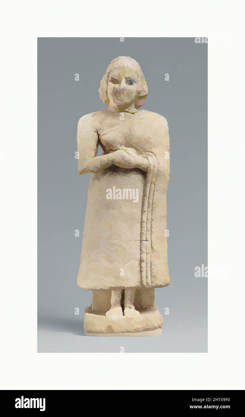 Kunst inspiriert durch stehende weibliche Verehrerin, frühe Dynastische IIIa, ca. 2600–2500 v. Chr., Mesopotamien, Nippur, Sumerer, Kalkstein, Intarsien mit Schale und Lapislazuli, H. 9 13/16 x B. 3 3/8 x D. 2 1/8 Zoll (24,9 x 8,5 x 5,4 cm), Steinskulptur, Diese Statue einer stehenden Frau mit ihren Händen, Klassisches Werk, modernisiert von Artotop mit einem Schuss Moderne. Formen, Farbe und Wert, auffällige visuelle Wirkung auf Kunst. Emotionen durch Freiheit von Kunstwerken auf zeitgemäße Weise. Eine zeitlose Botschaft, die eine wild kreative neue Richtung verfolgt. Künstler, die sich dem digitalen Medium zuwenden und die Artotop NFT erschaffen Stockfoto